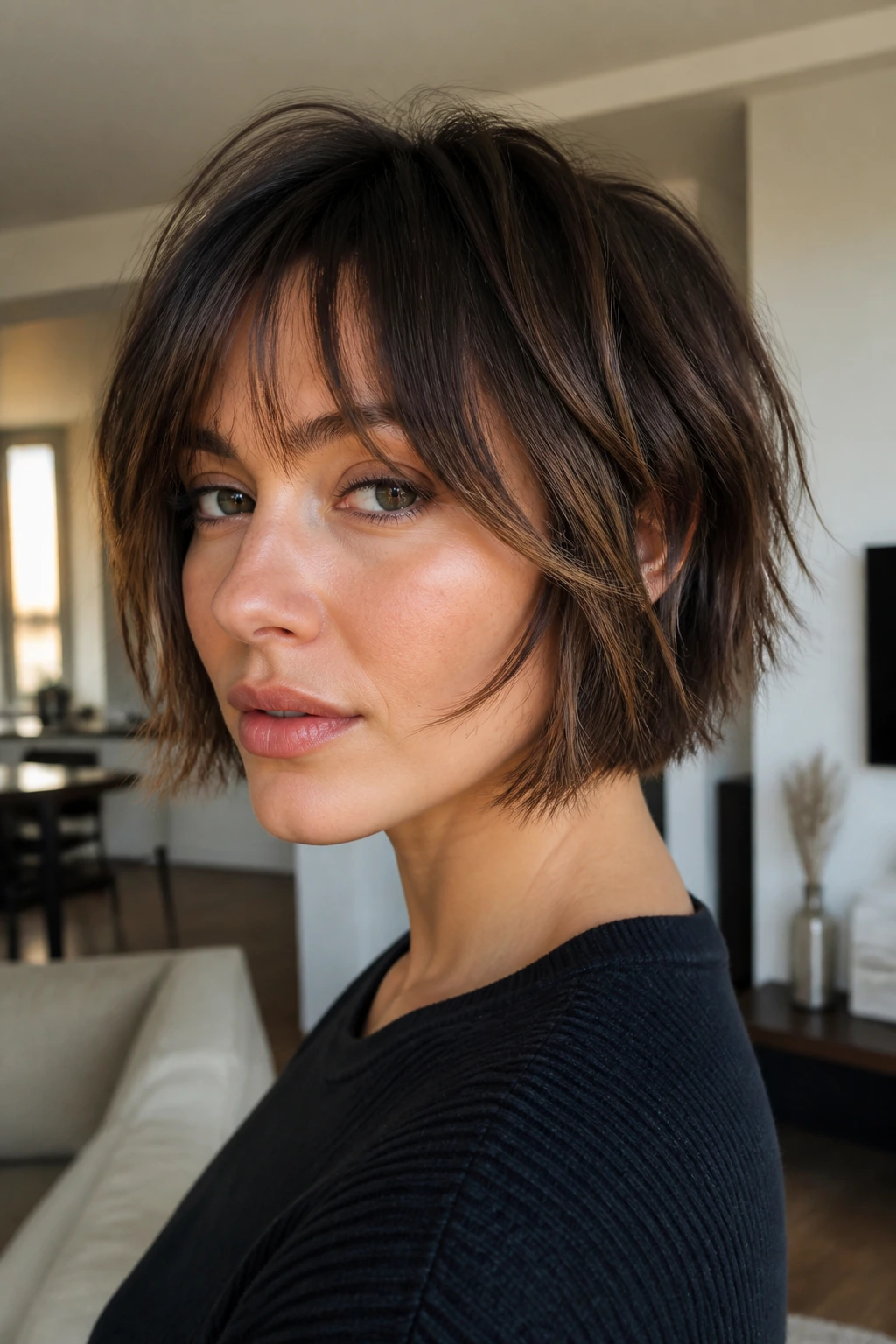 Close-up of real woman with shattered textured bob and cheekbone bangs in natural light.