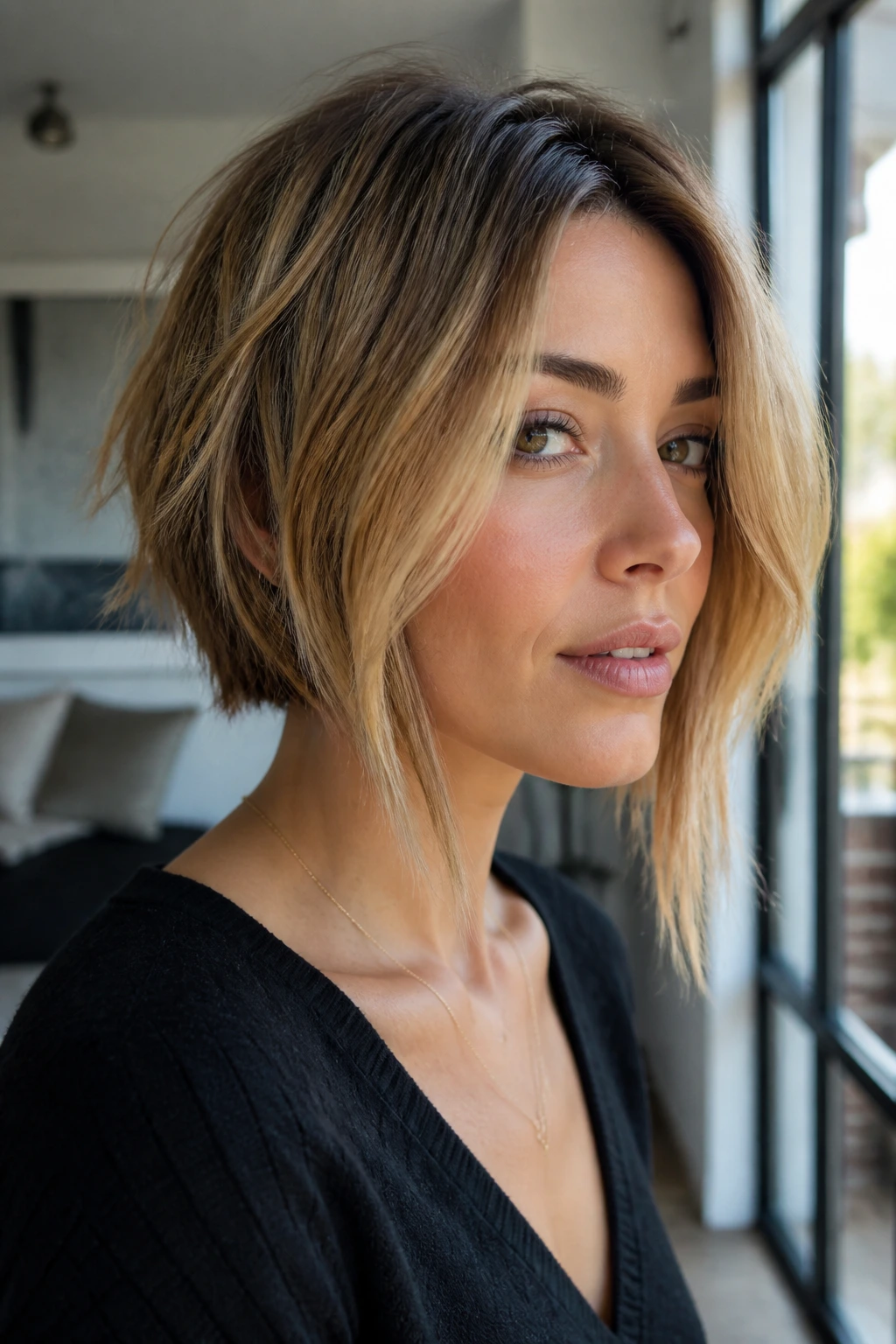 Real person with neck-length shattered bob and long front pieces
