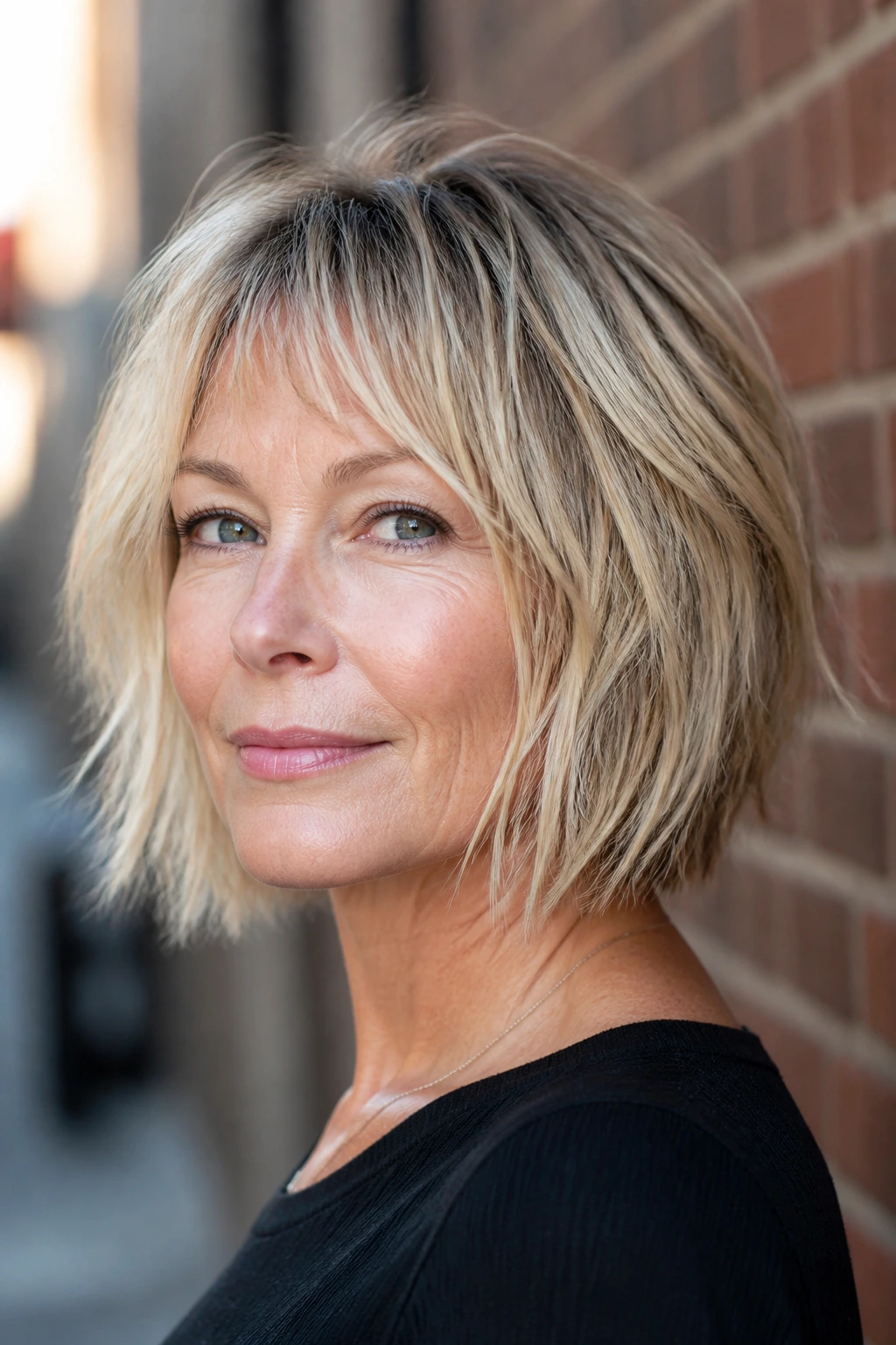 Close-up of a real woman with shattered bob and razor texture hairstyle