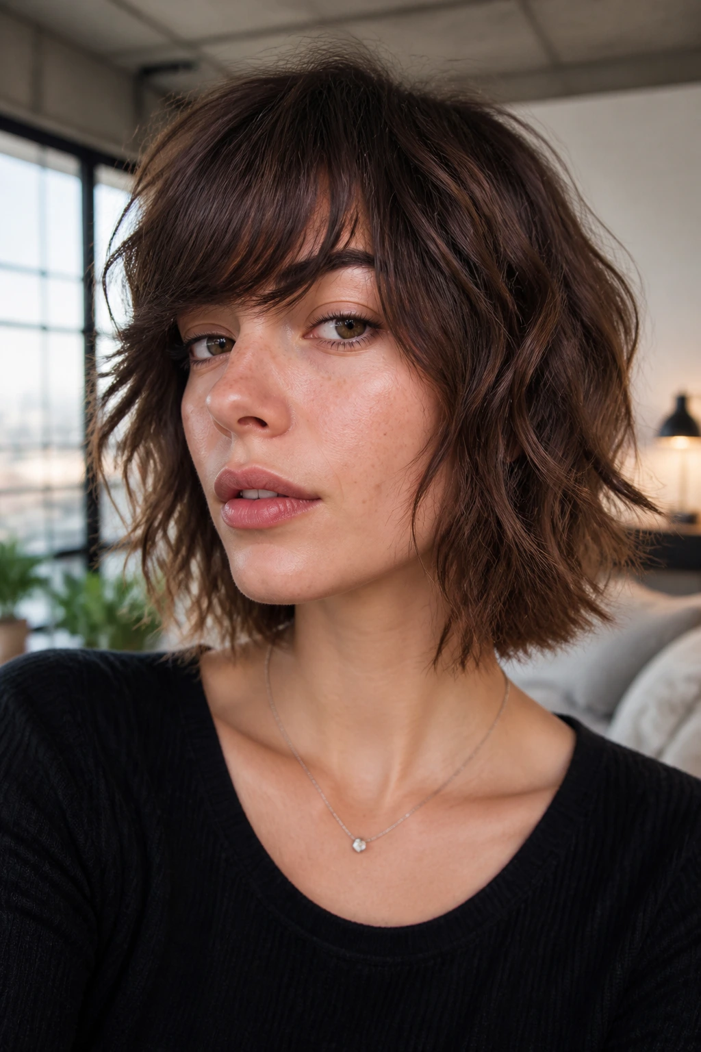 Close-up portrait of a real person with a shattered bob shag and side-swept bangs