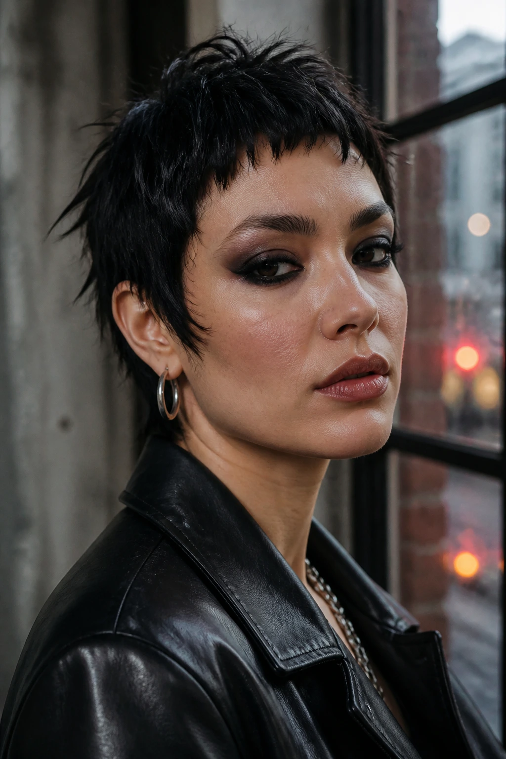 Close-up portrait of a real woman with shattered crop and micro bangs in moody light
