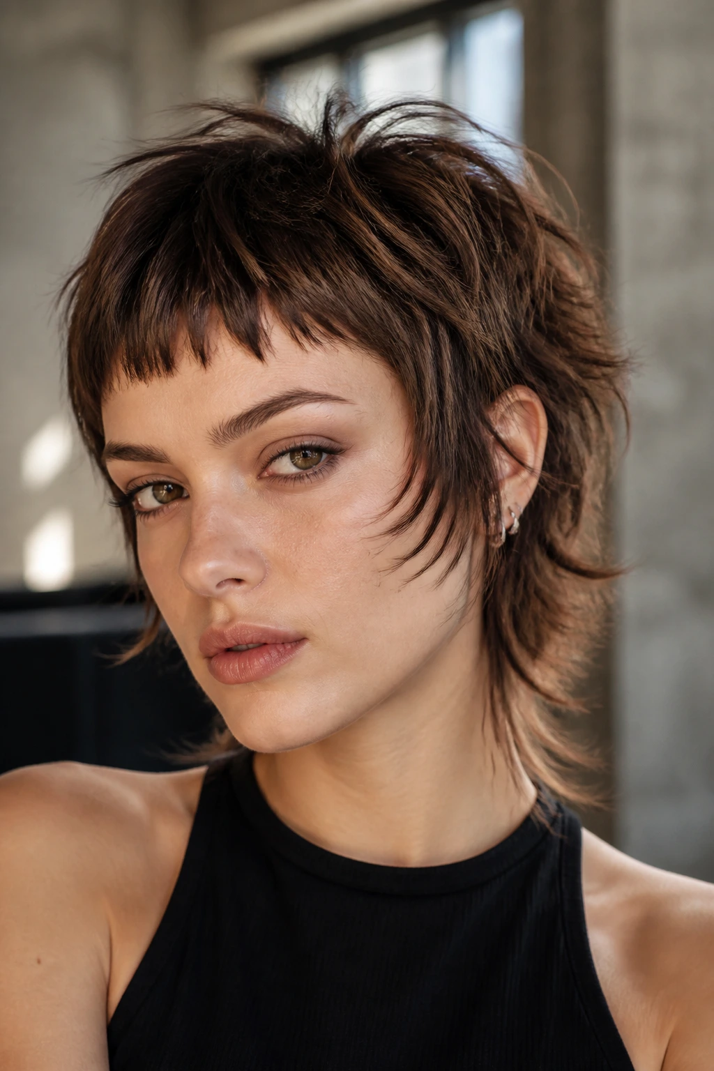 Close-up of a real woman with shattered crop shag and baby bangs in artsy loft light