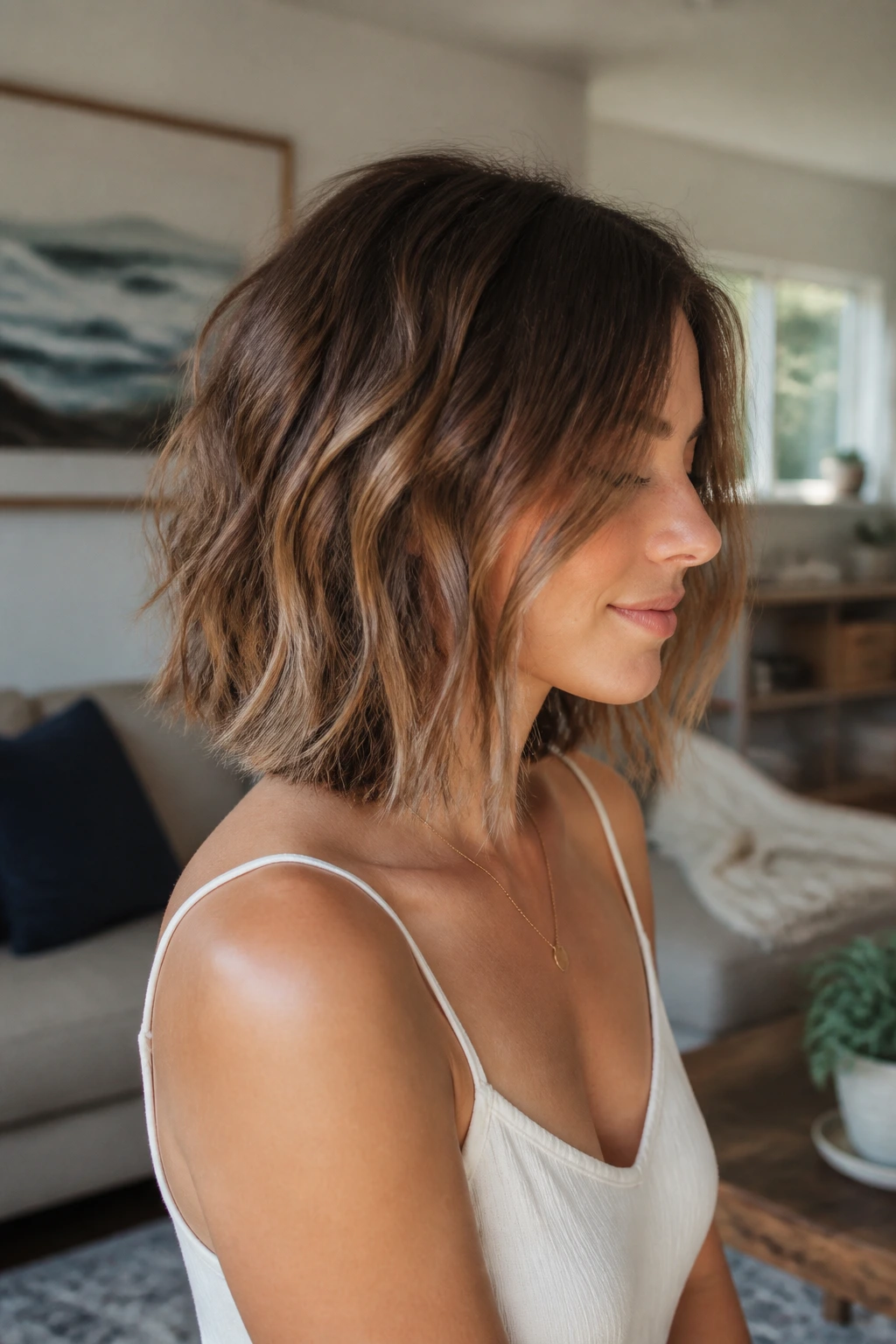 Side-profile of a real woman with shattered-end lob texture
