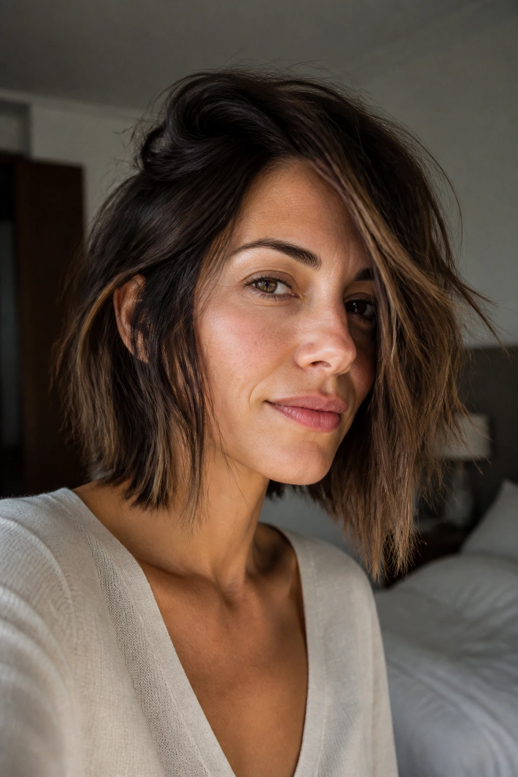 Real woman with shattered-ends lob in natural light.