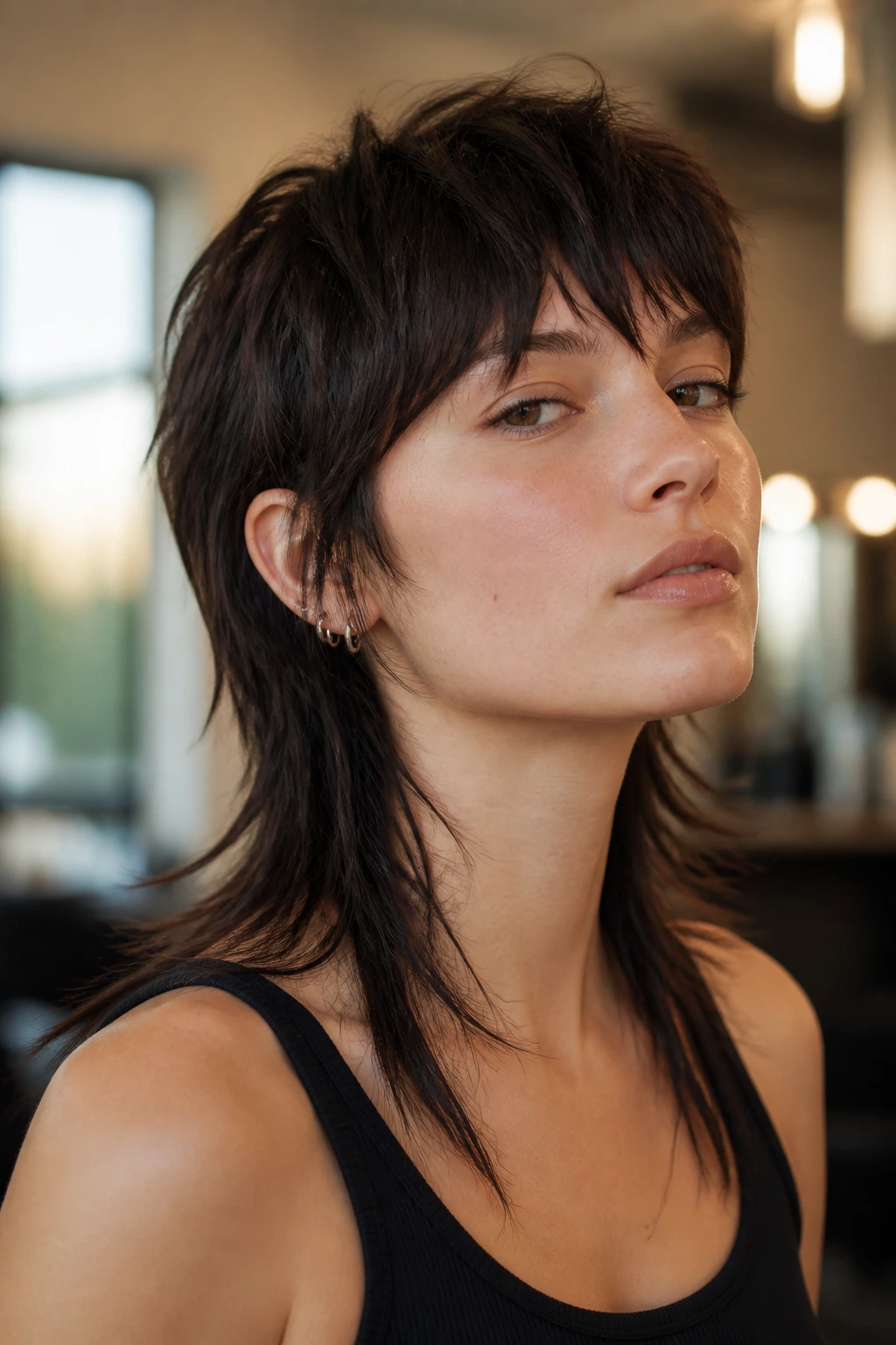 Close-up portrait of a real woman showing a shattered-ends mullet on straight hair