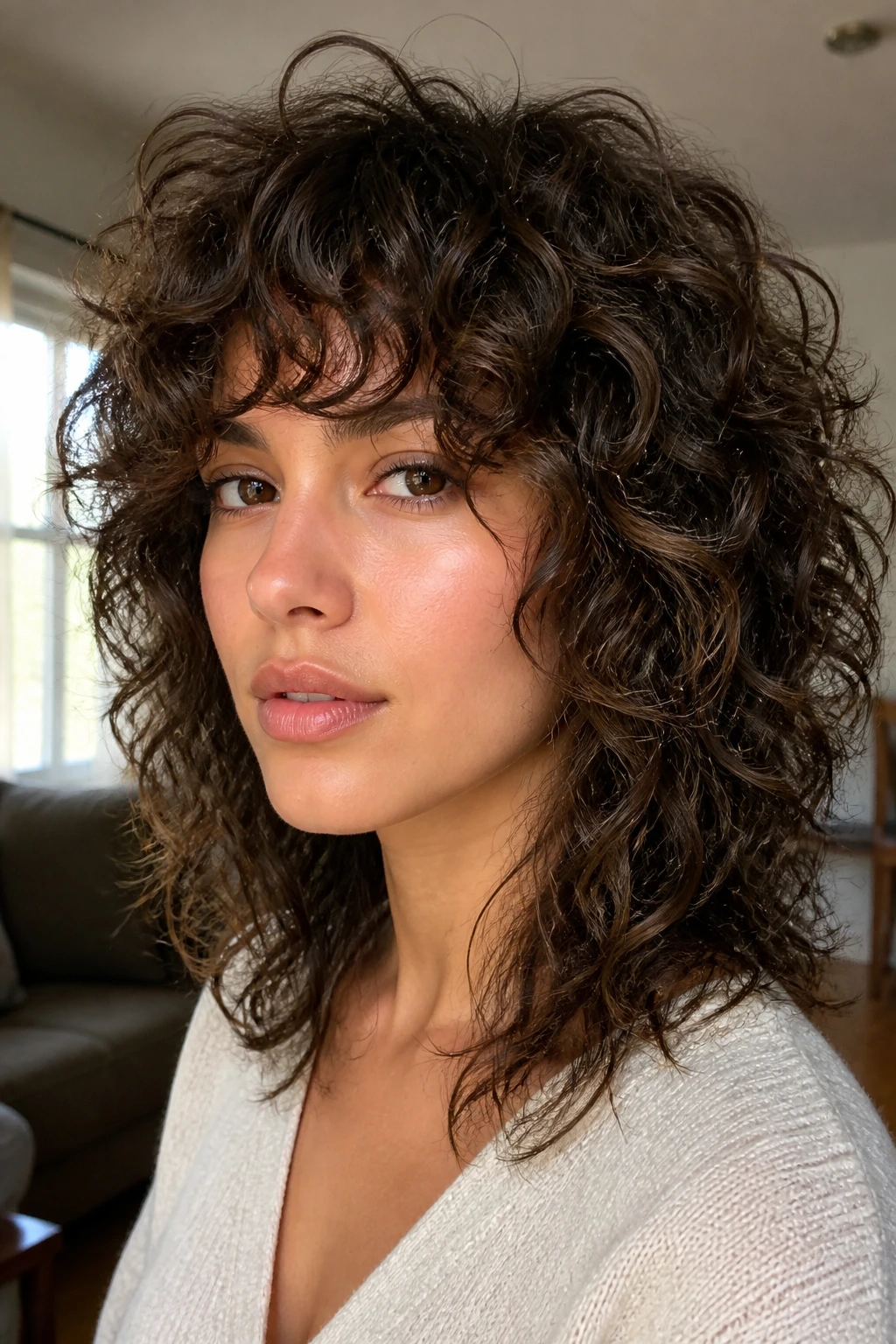 Close-up of a real woman with Shattered-Ends Shag showing textured ends