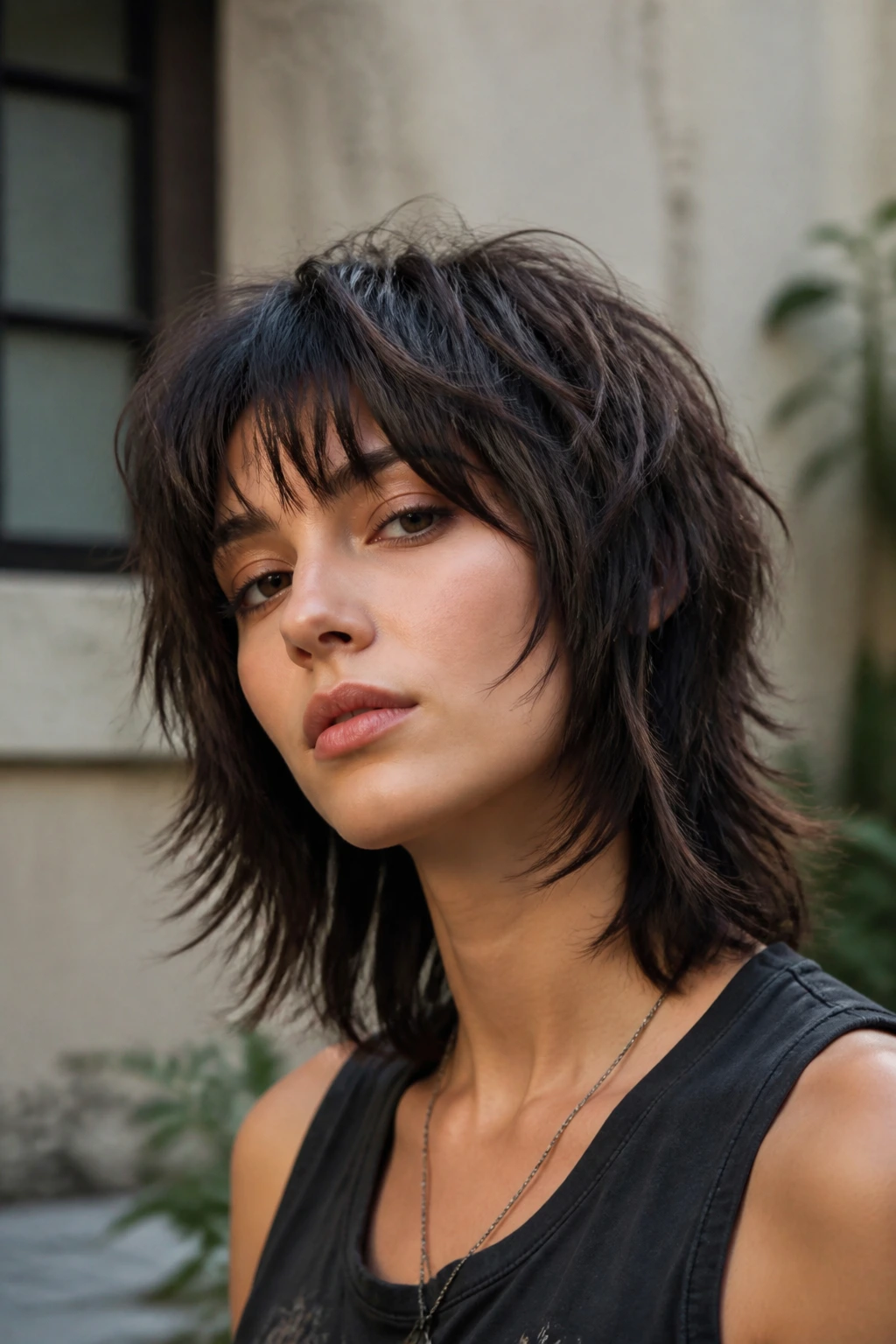 Close-up portrait of a real person with shattered ends shag hairstyle