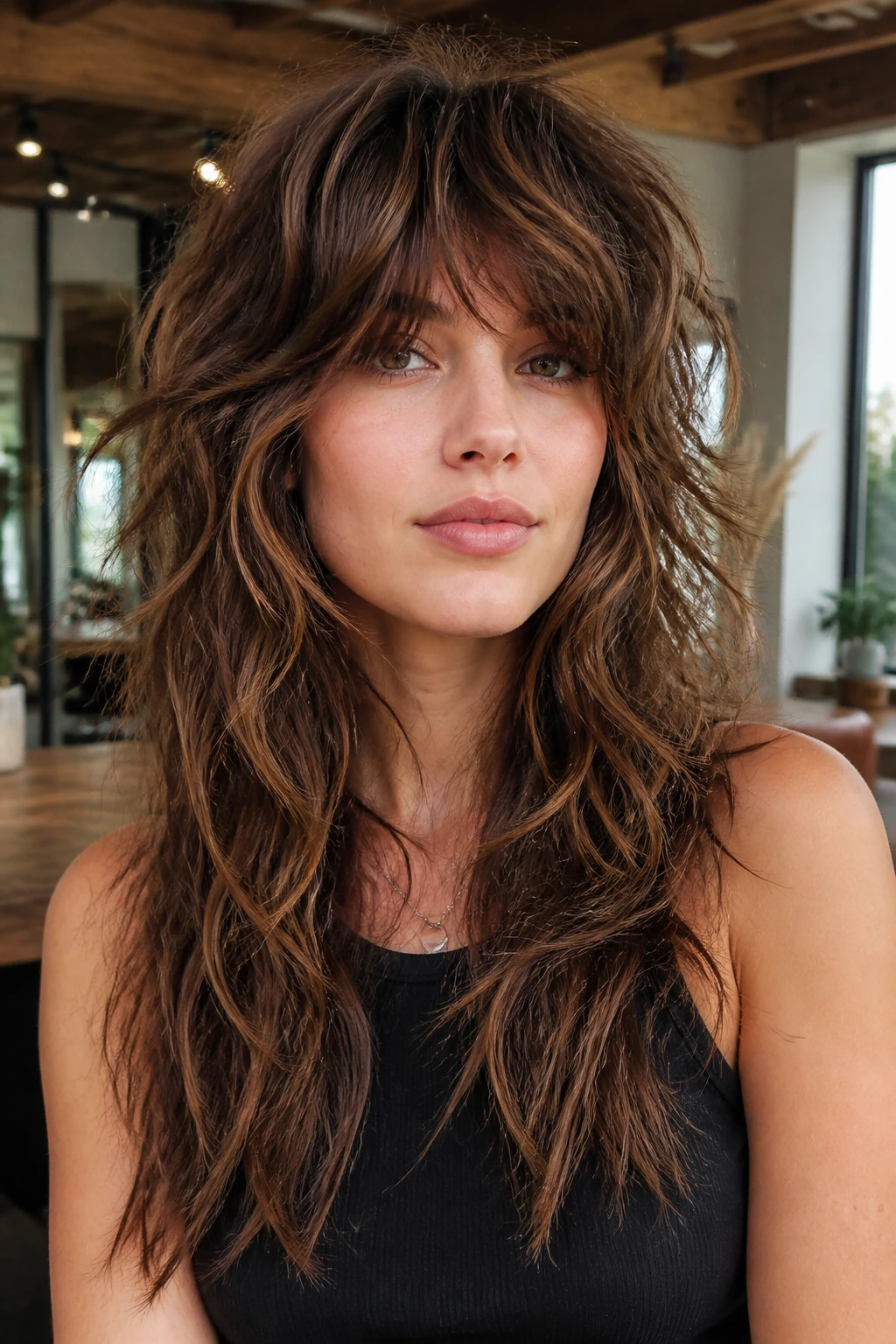 Close-up of a real woman with shattered-layer shag in a sunlit salon.