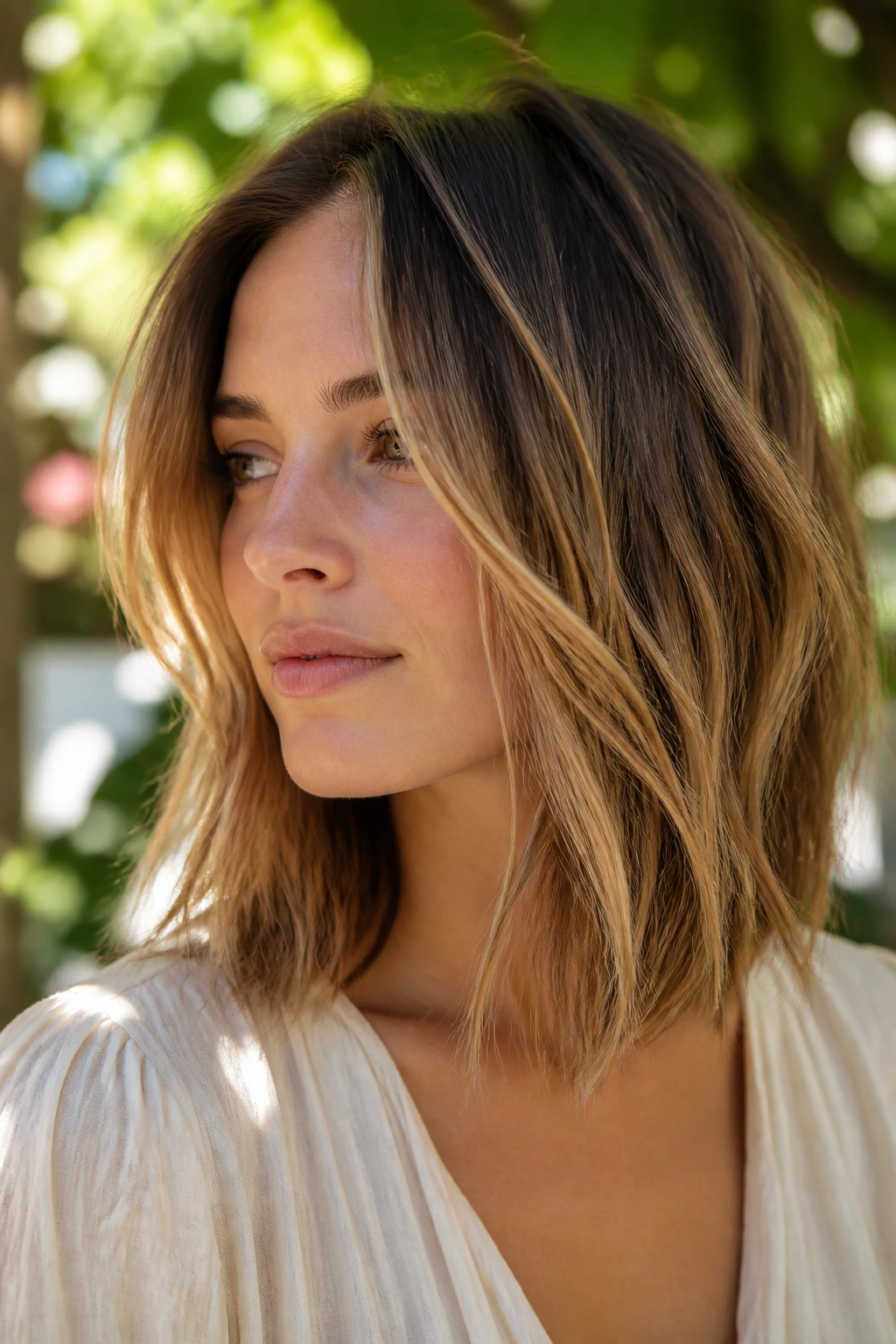 Close-up of a real woman with a shattered lob texture and movement