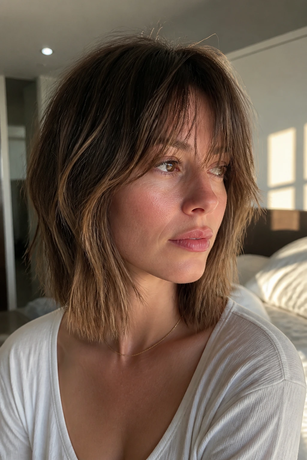 Close-up of a real woman with shattered lob haircut showing texture and movement