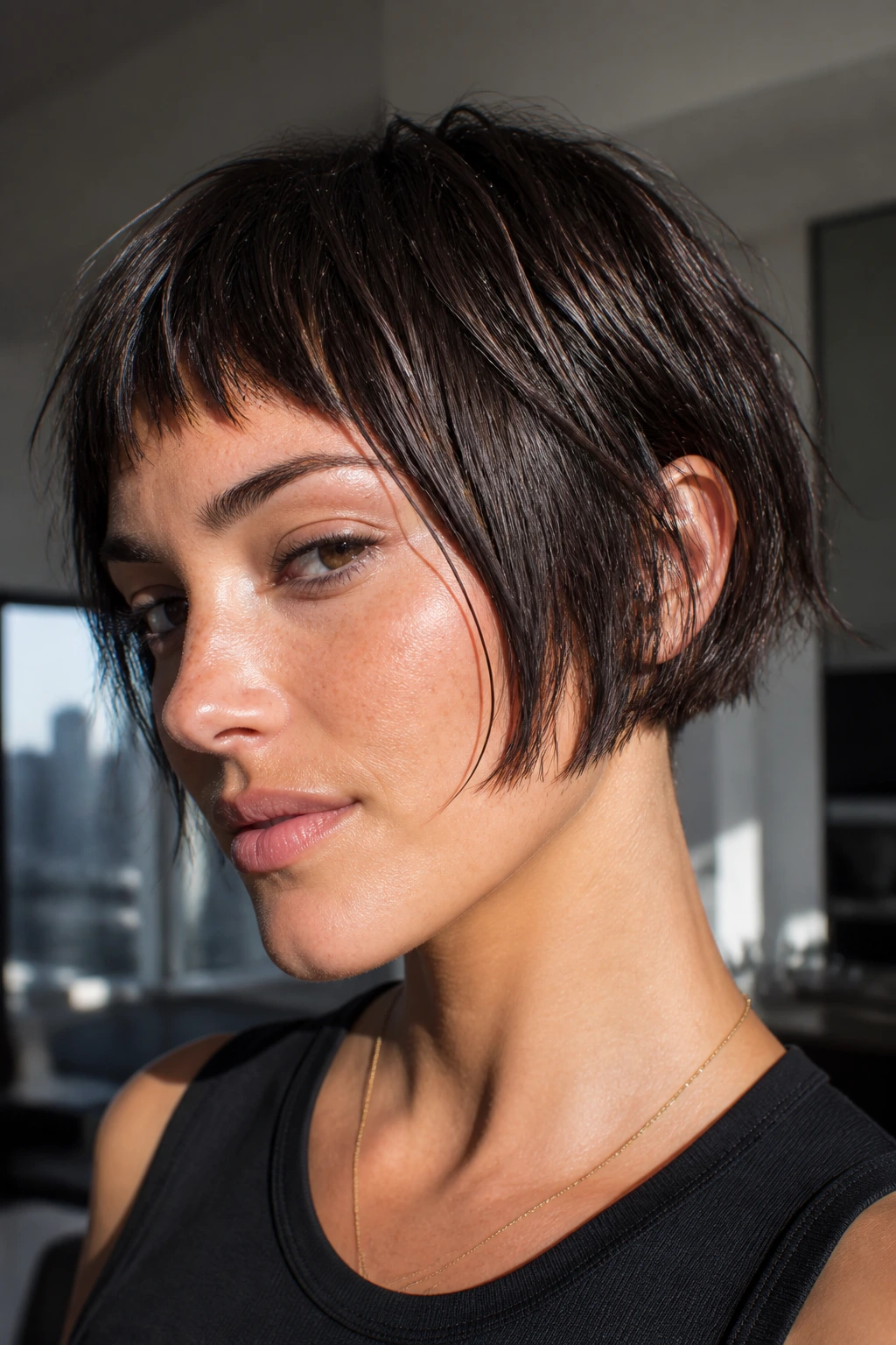 Portrait of real woman with shattered micro bob showing razor texture