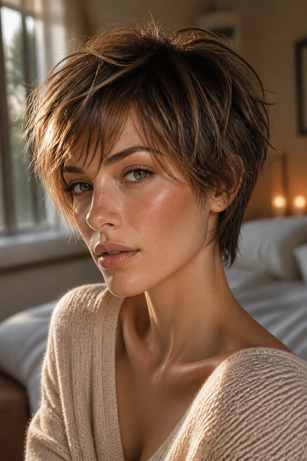 Close-up of a real woman with Shattered Pixie-Bob hairstyle in warm window light