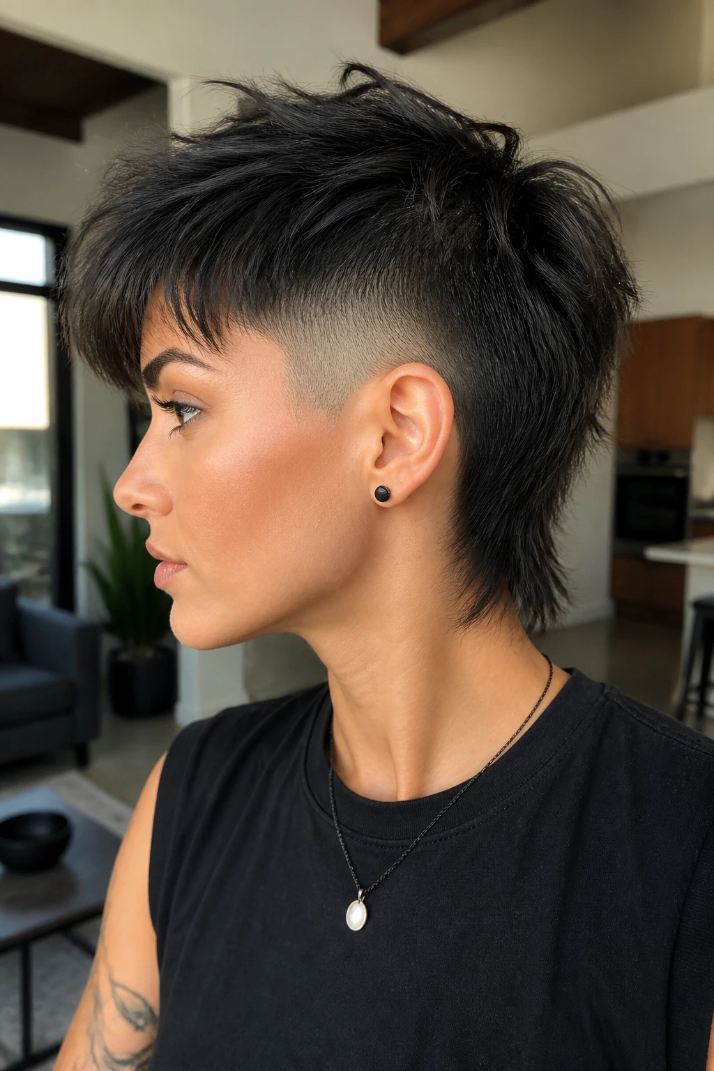 Side profile of a real woman with shattered shag and temple fade