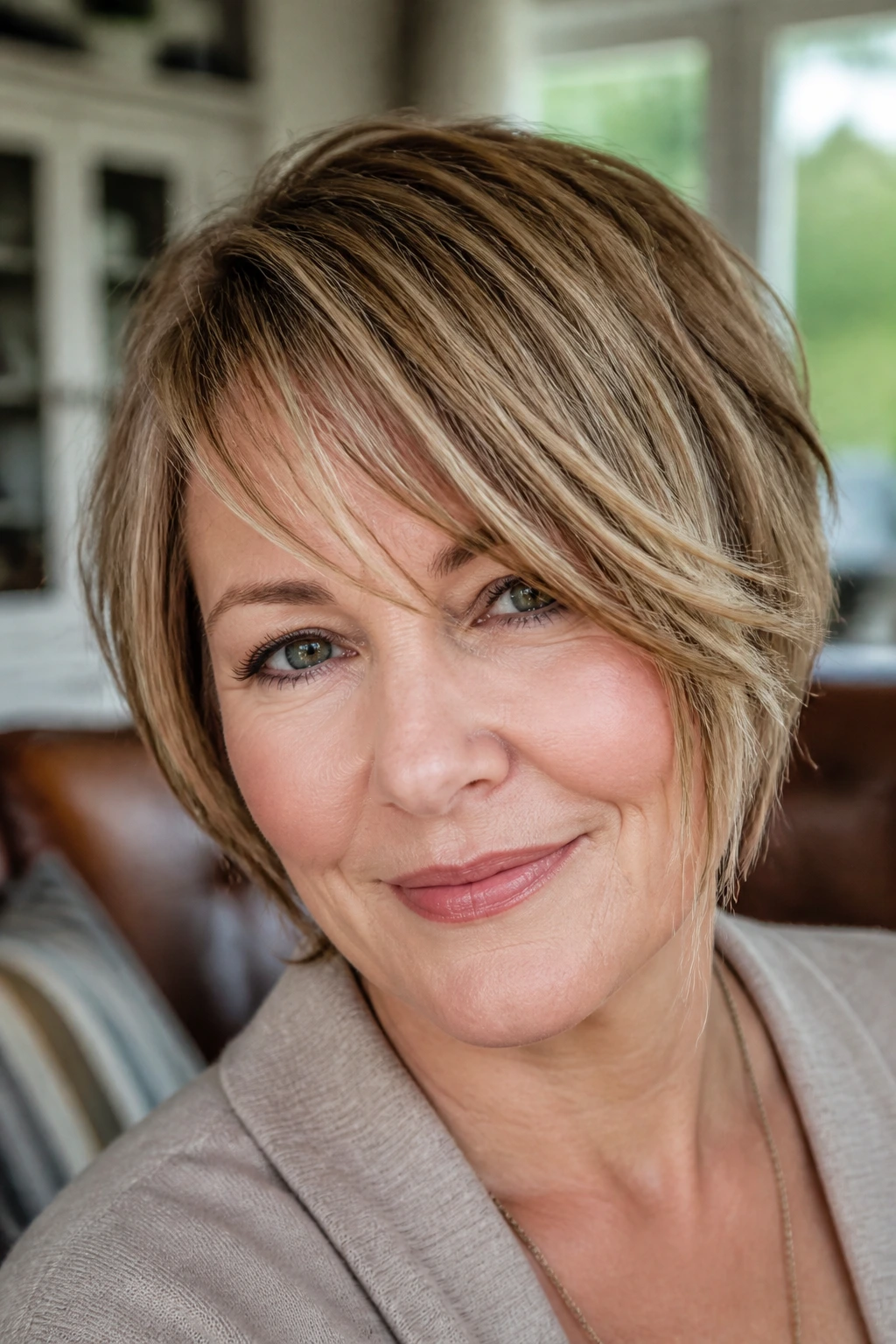 Close-up portrait of a real woman with shattered side bangs.
