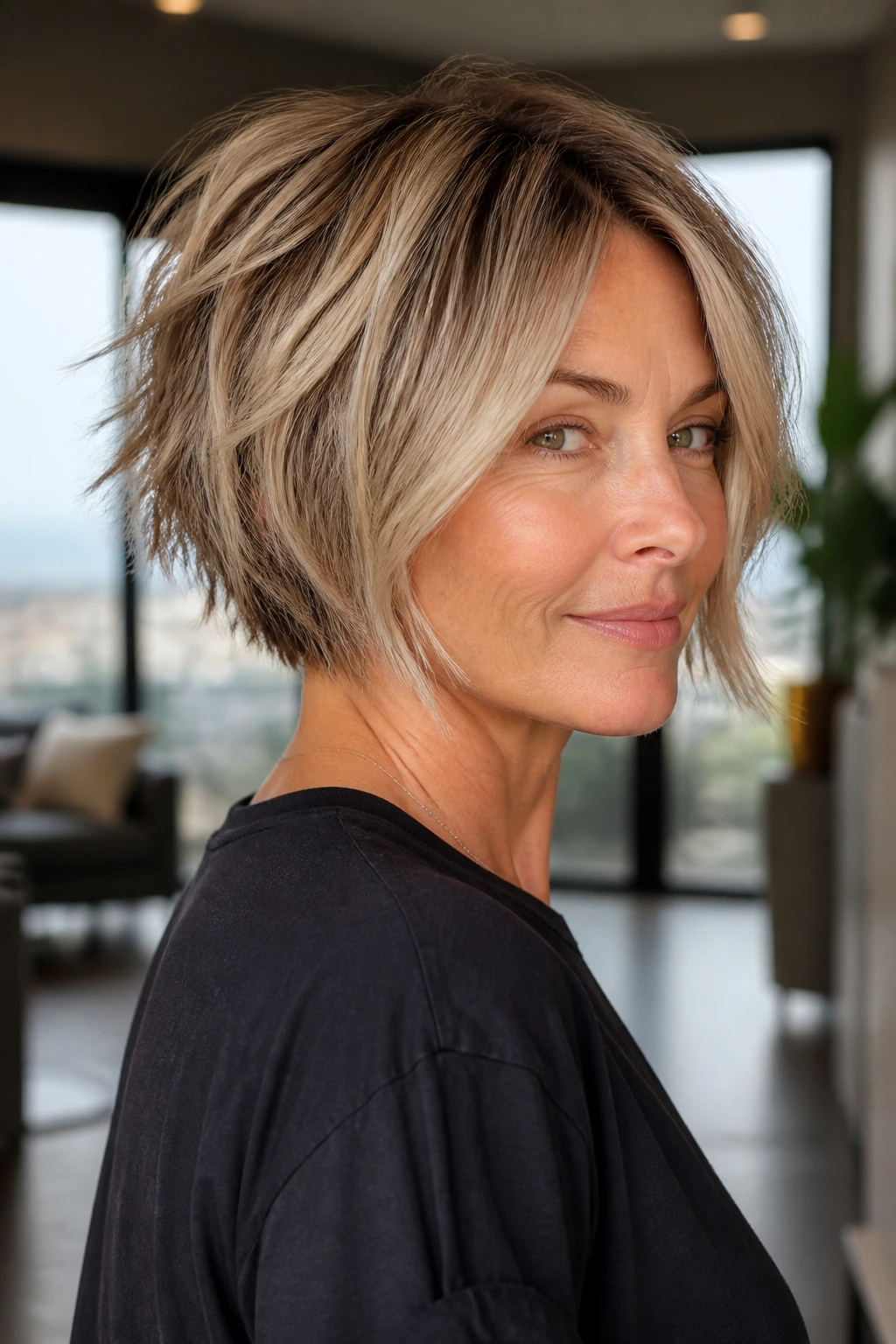 Close-up of real woman with shattered stacked bob texture and airy ends