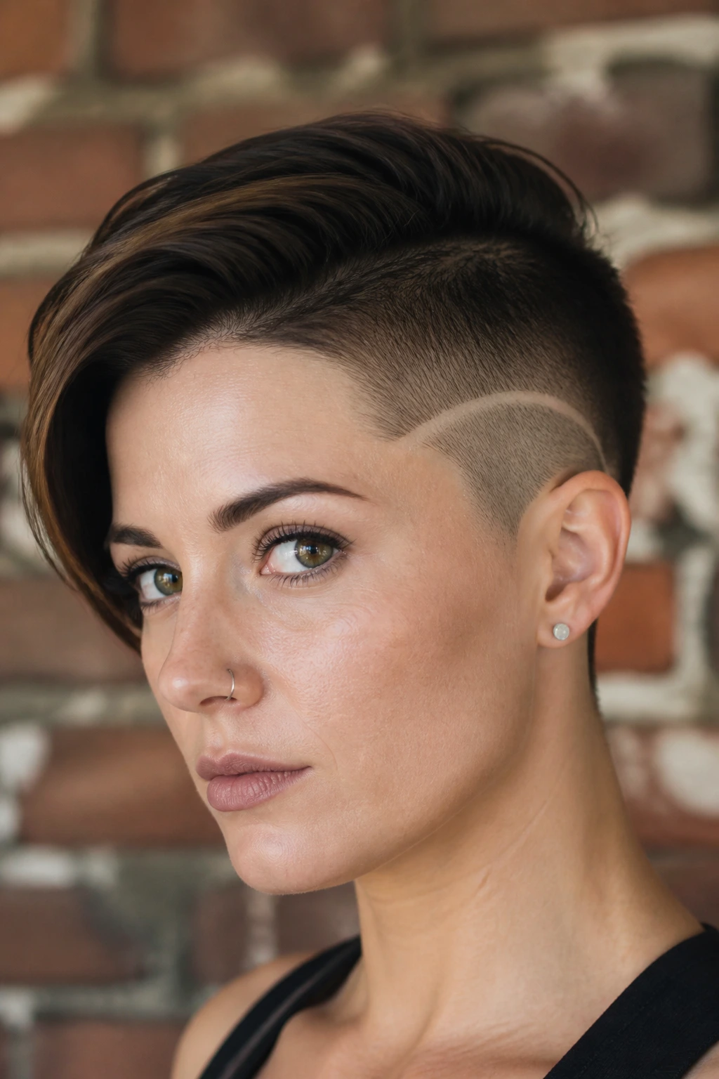 Close-up portrait of a woman with shaved-arch side fade