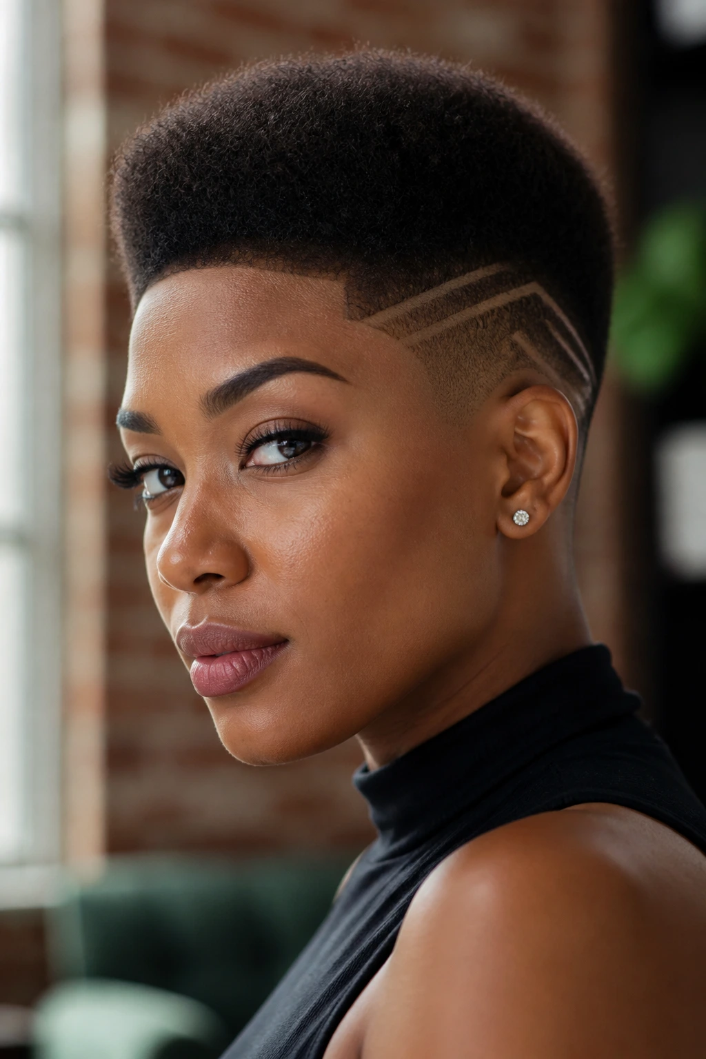 Close-up of a person with shaved-design high top fade in an urban loft.