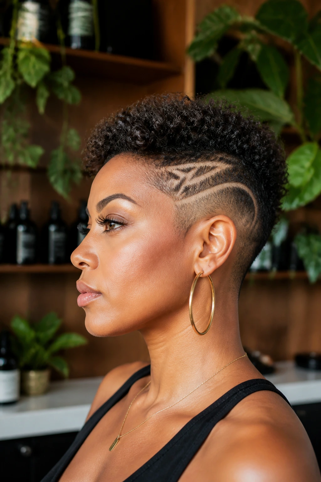 Close-up portrait of a Black woman with shaved design on natural textured curls in a sunlit salon