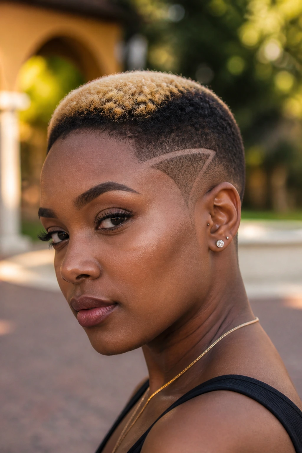 Portrait of a Black woman with a bleached panel on top and shaved sides.