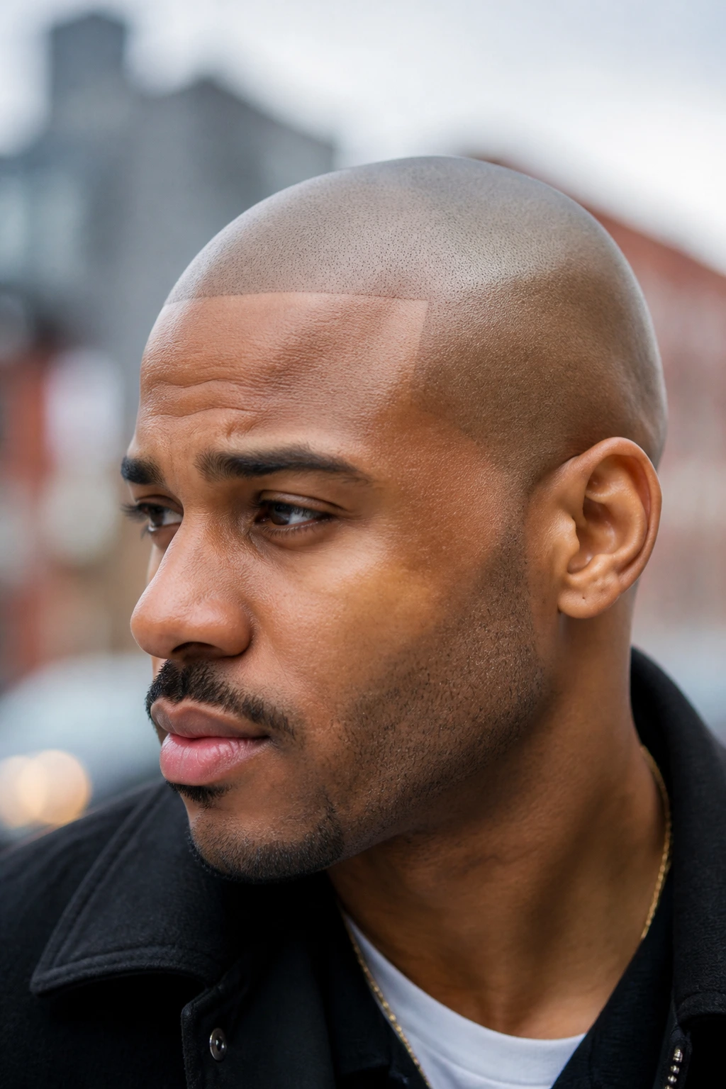 Close-up portrait of a man with a shaved head outdoors in daylight