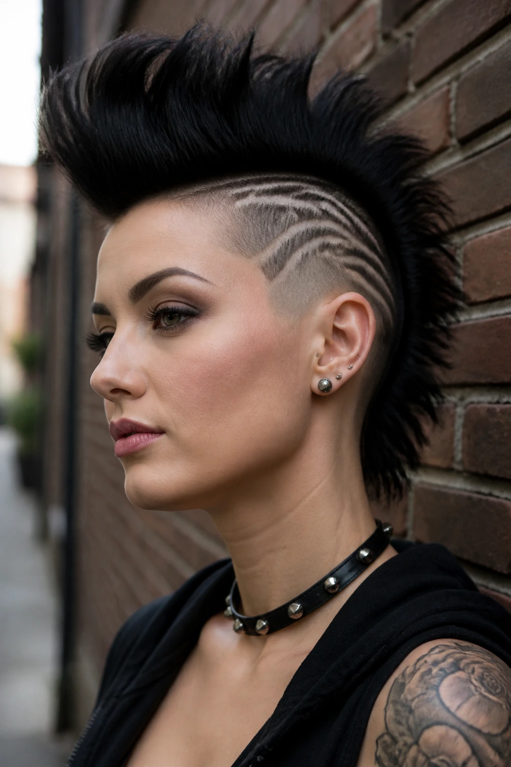 Real person with shaved-design mohawk and temple line work in urban setting