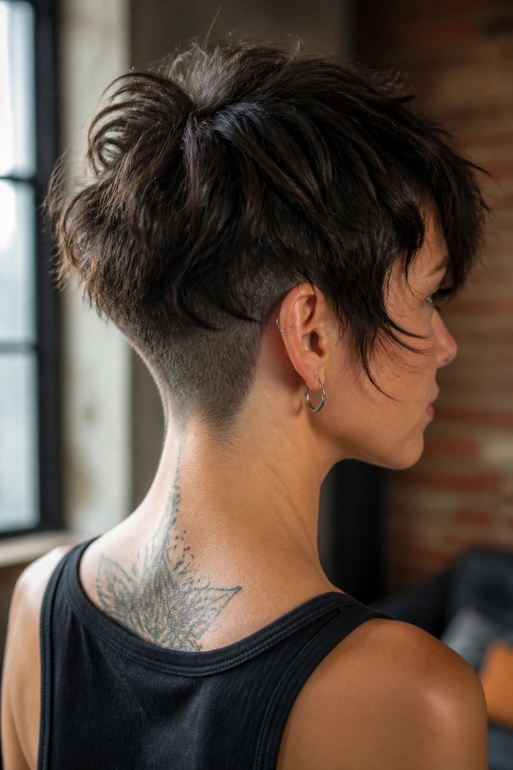 Close-up of real person with shaved-nape wolf cut showing shaved back and textured top