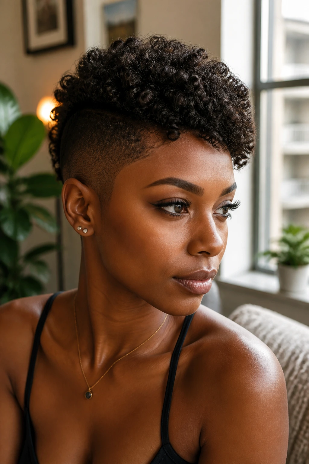 Close-up of a real person with shaved-side crop and full curl top
