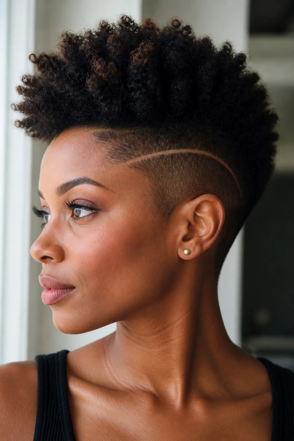 Close-up of a Black woman with a shaved side and voluminous top.