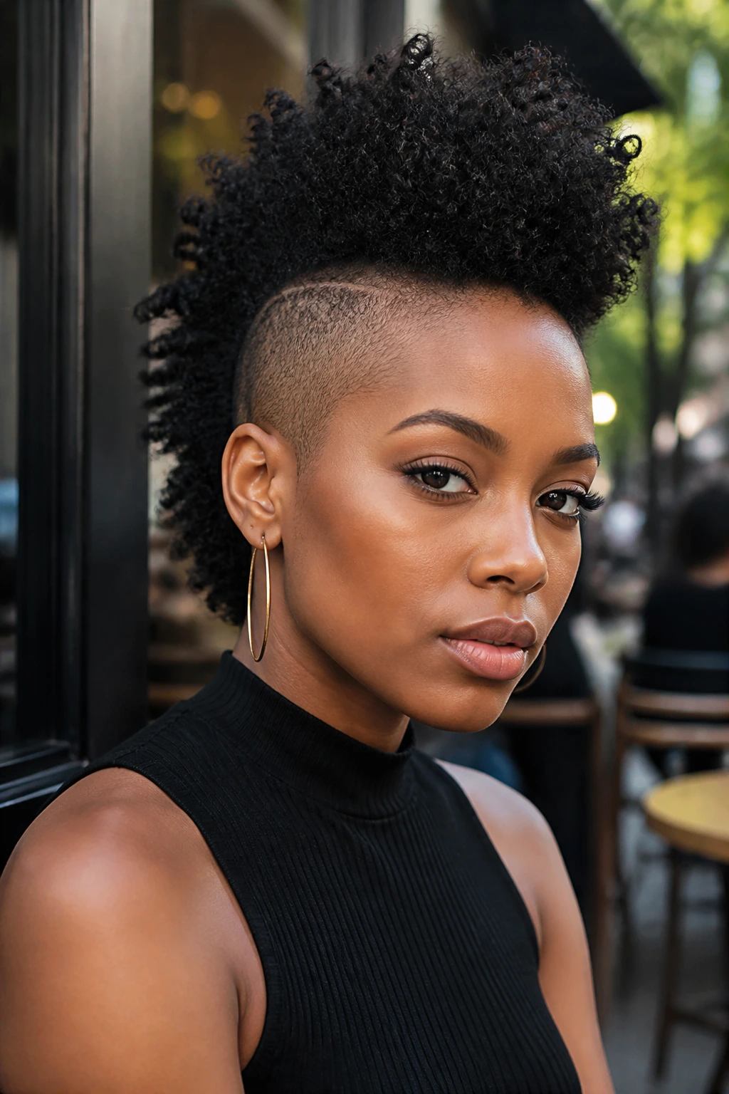 Close-up portrait of a real person with a shaved-side faux hawk showing a dramatic center ridge.