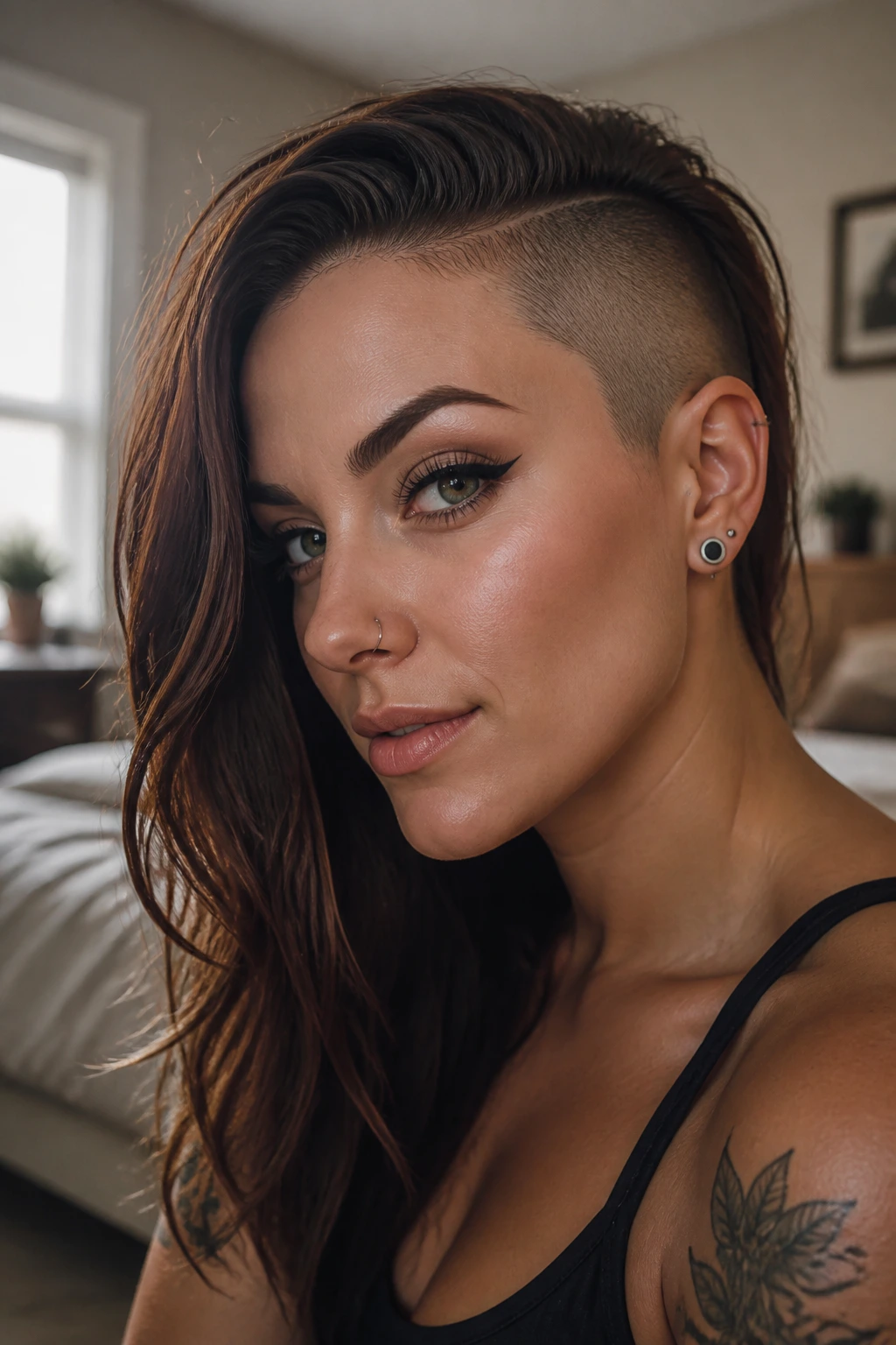 Close-up portrait of a real woman with a crisp shaved side in a softly lit bedroom