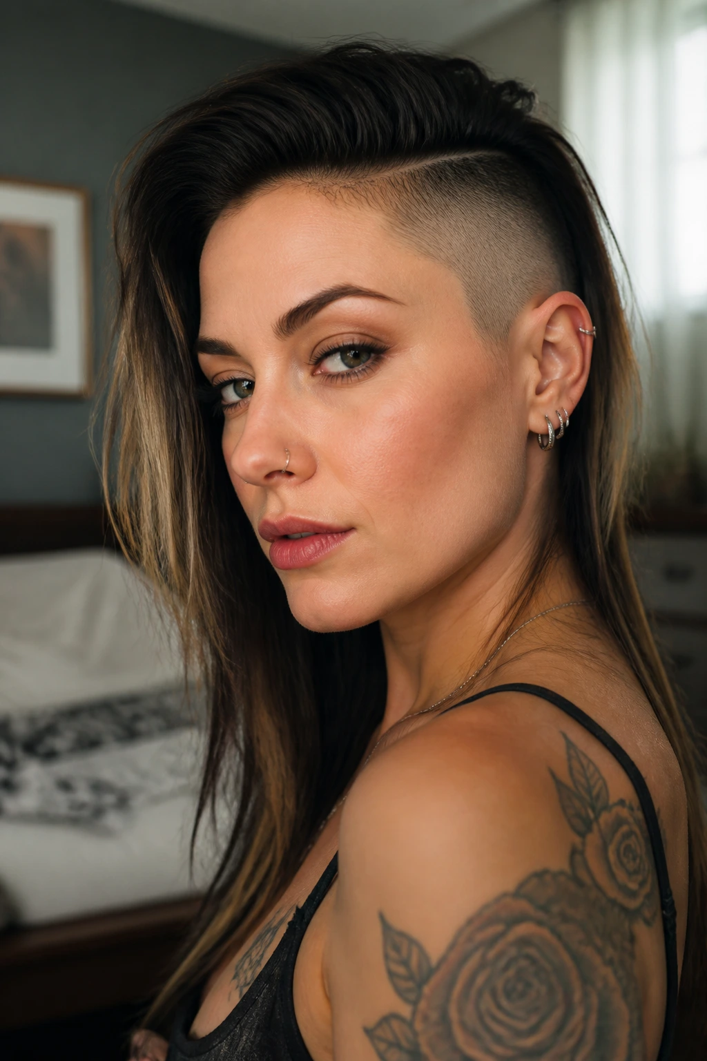 Close-up portrait of a real woman with a shaved side panel and bold contrast hair.