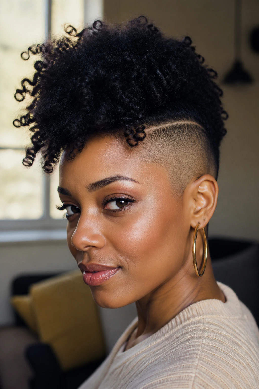 Close-up portrait of a person with a shaved side on natural hair.