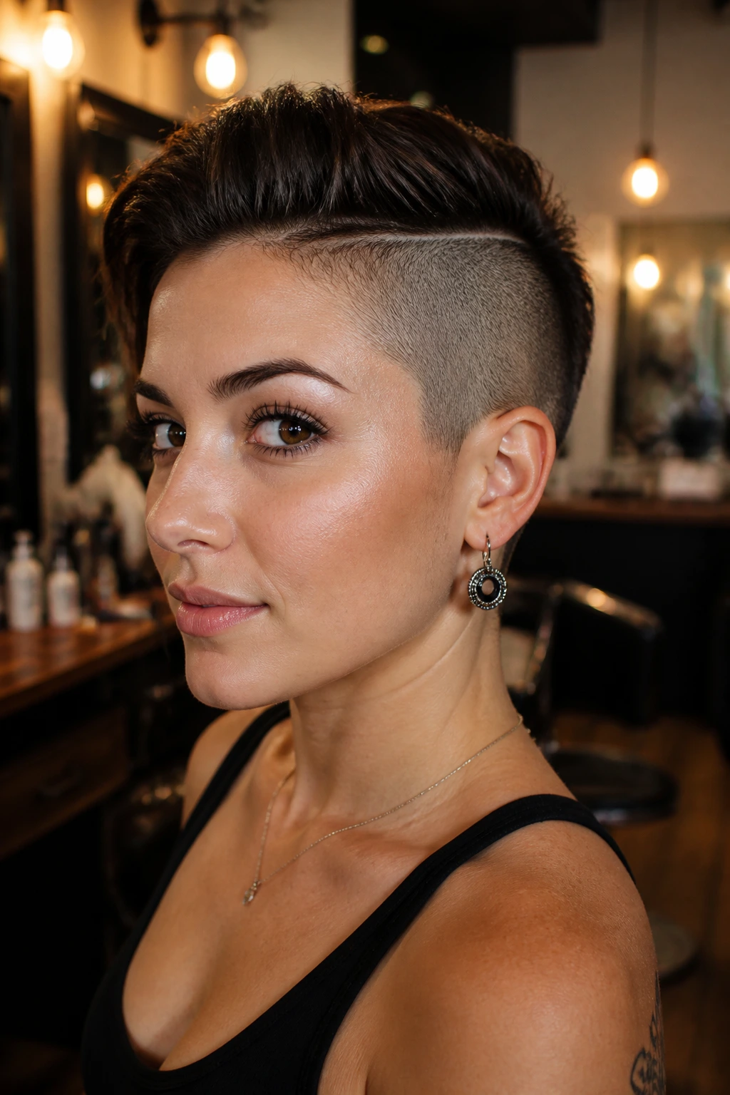 Real woman with shaved side panel buzz showing crisp transition from panel to longer hair