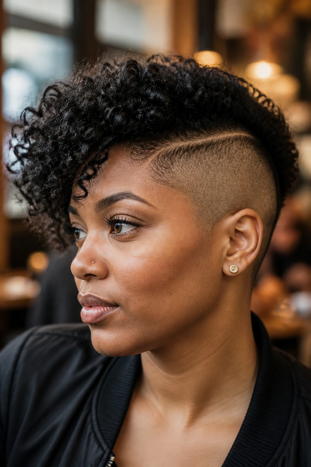 Close-up portrait of a real person with a shaved side panel crop hairstyle, the panel visible against longer curls.