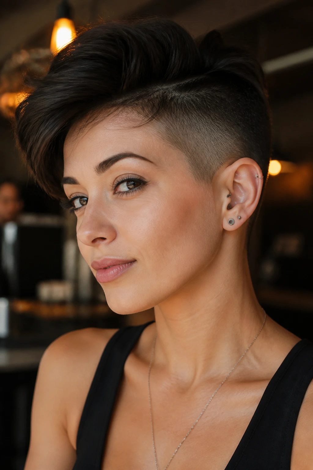 Portrait of a woman with shaved-side pixie and bold silhouette.