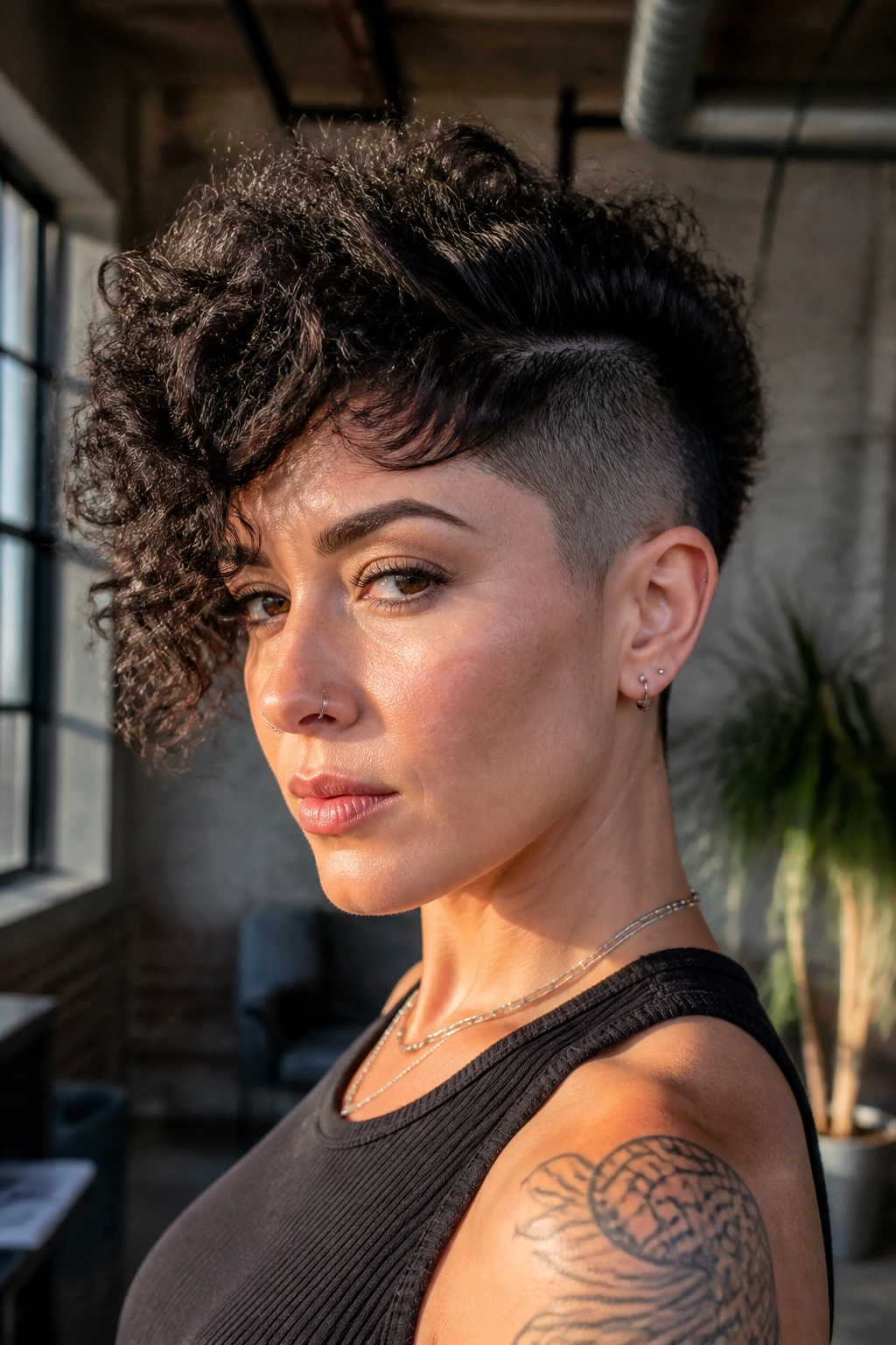 Close-up portrait of a real person with shaved side pixie wolf hairstyle in a sunlit loft.