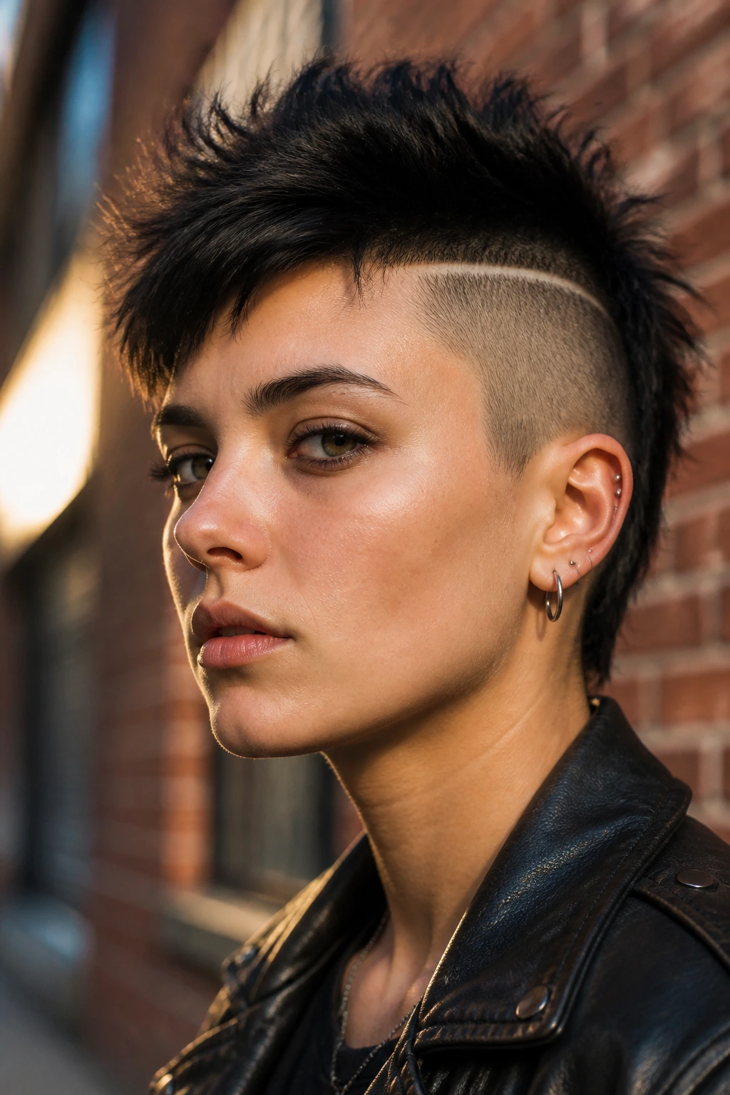 Close-up portrait of a real person with a sharp shaved side haircut and clean temple line in an urban setting