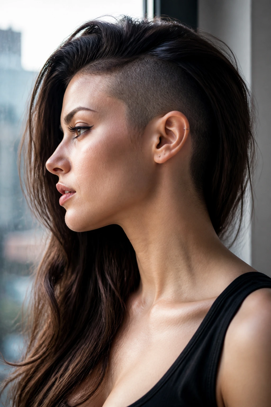 Profile view of a woman with a shaved side showing silhouette change