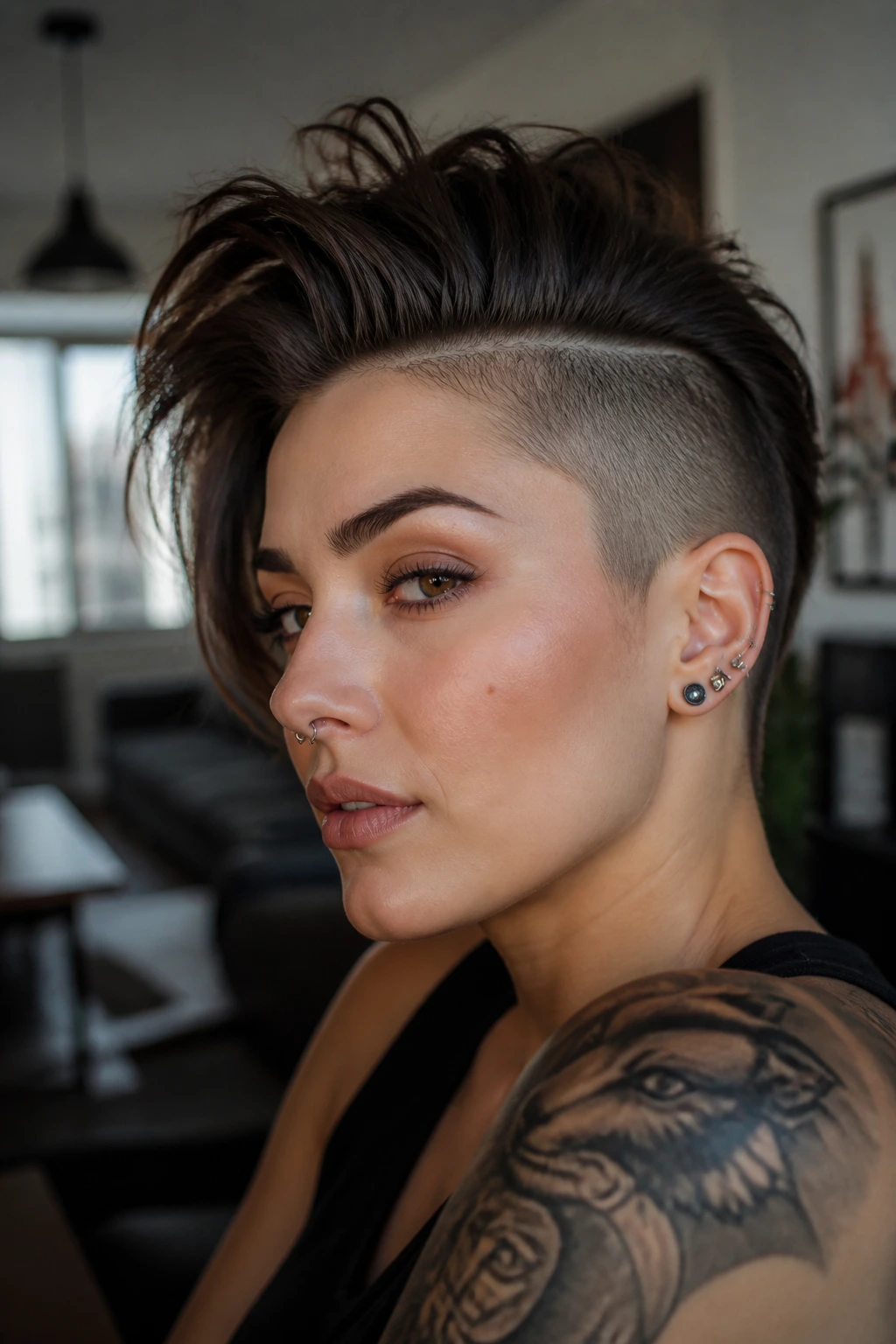 Real woman with shaved side showing variation like hidden underbraids and tall top hair