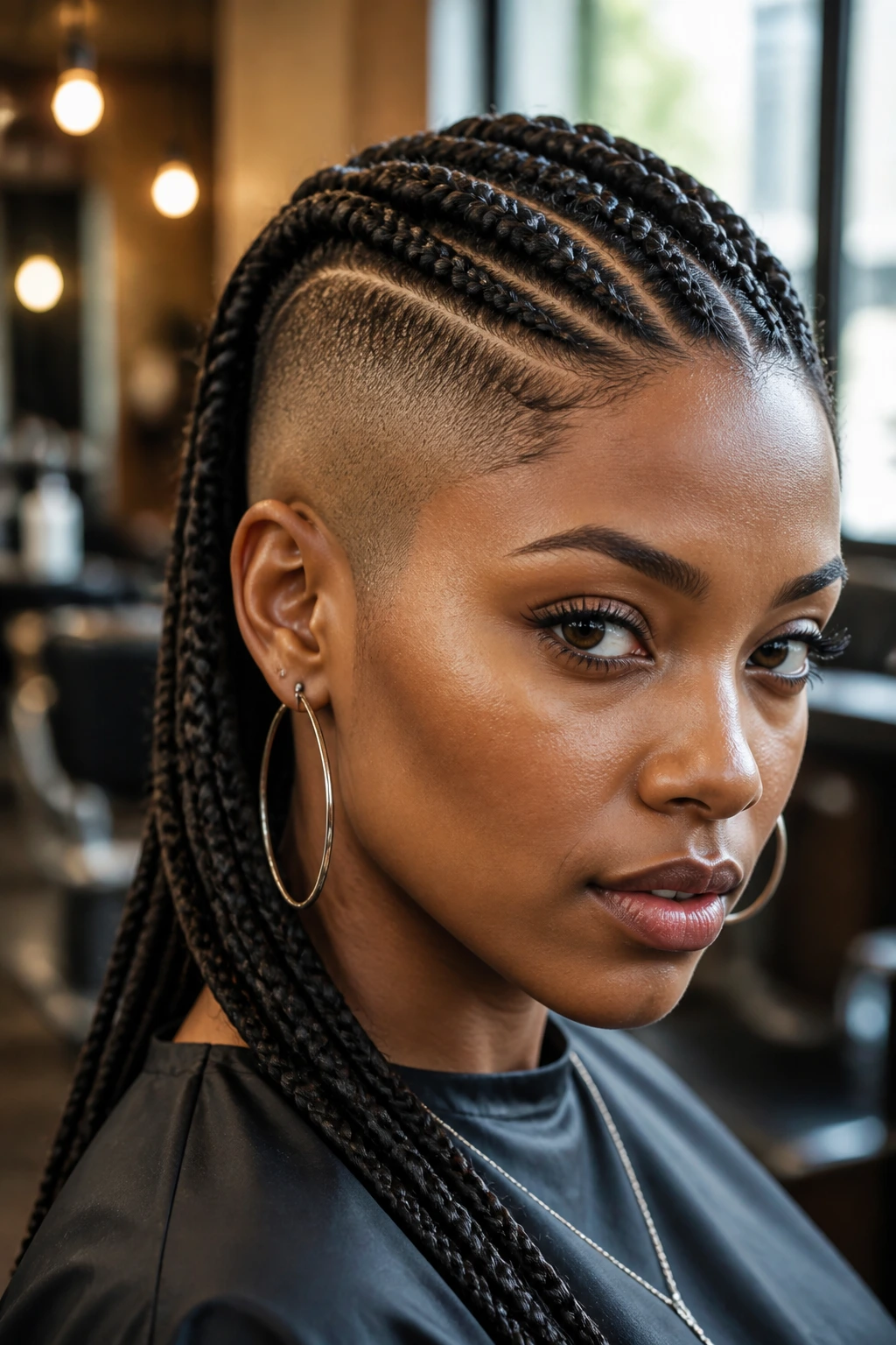 Close-up portrait of a real woman with shaved sides and sharp braid patterns