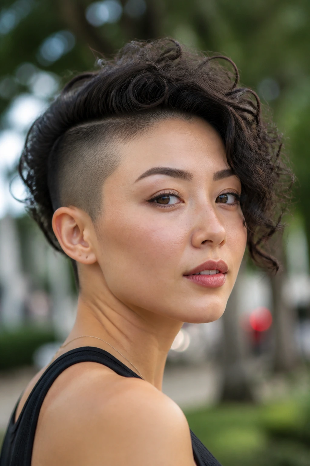 Close-up portrait of a real woman with shaved sides and long top curls