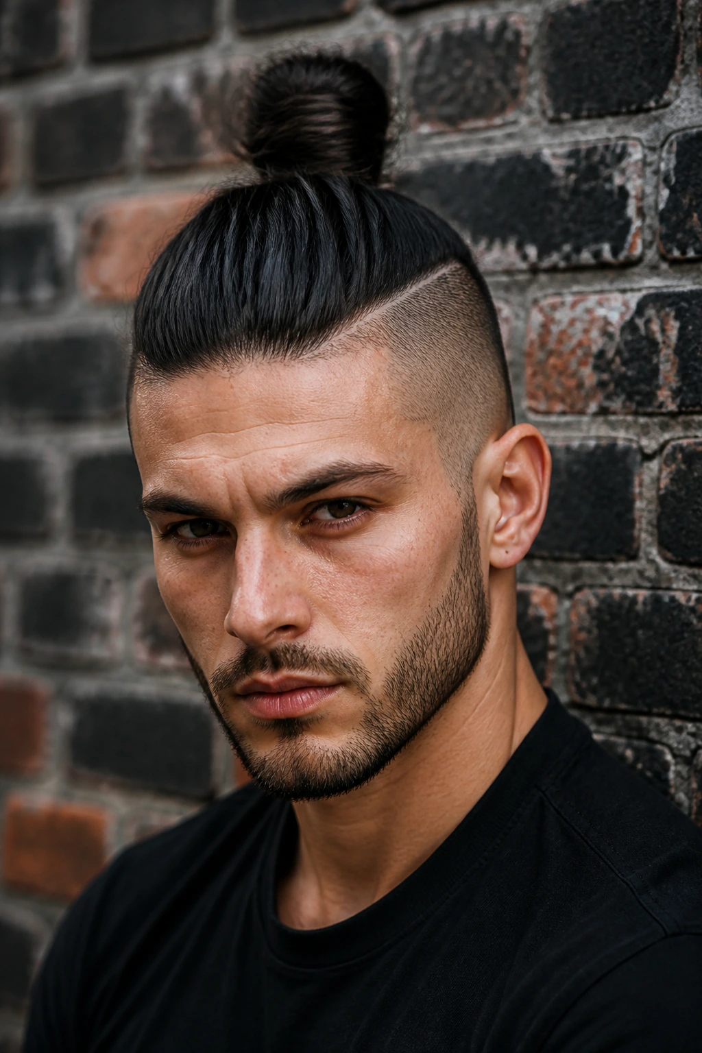 Man with shaved-sides top knot in an urban setting