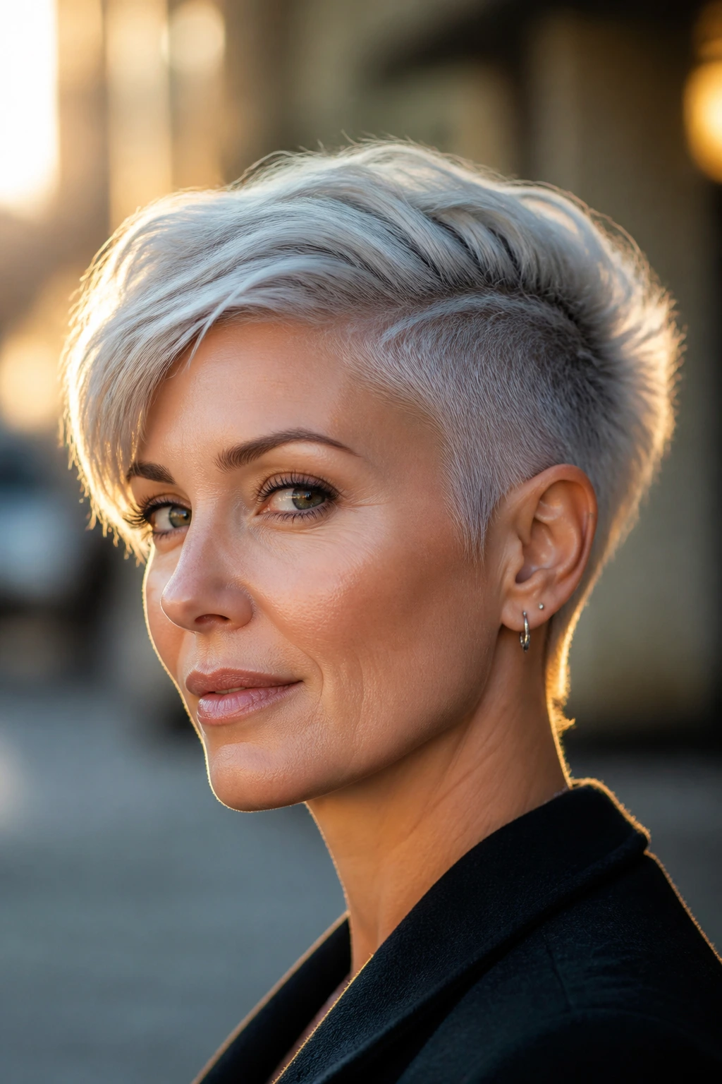 Portrait of a real woman with a shaved temple silver pixie hairstyle