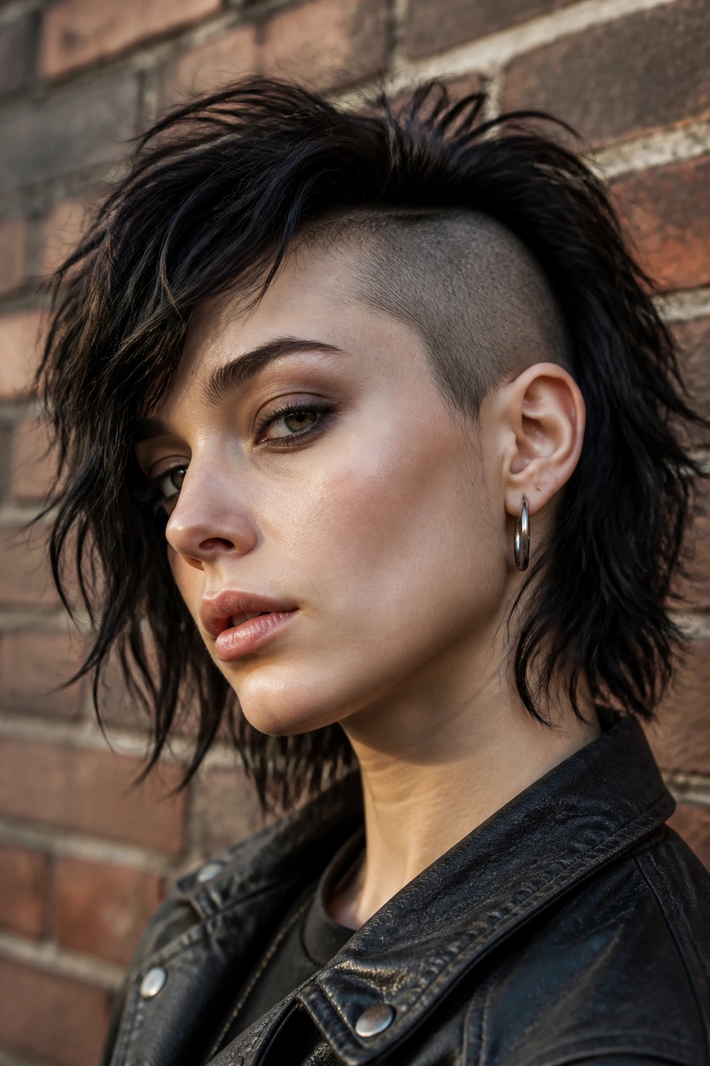 Close-up portrait of a real person with a shaved temple shag hairstyle and a bold side part