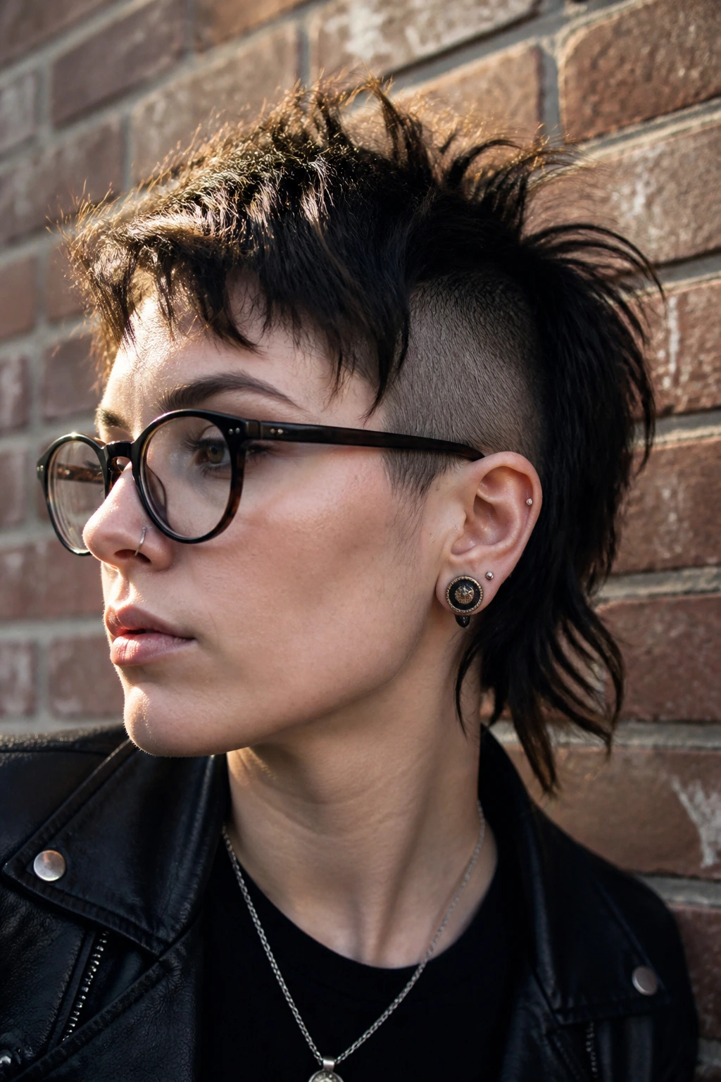 Real person with shaved temple wolf cut photographed outdoors in daylight
