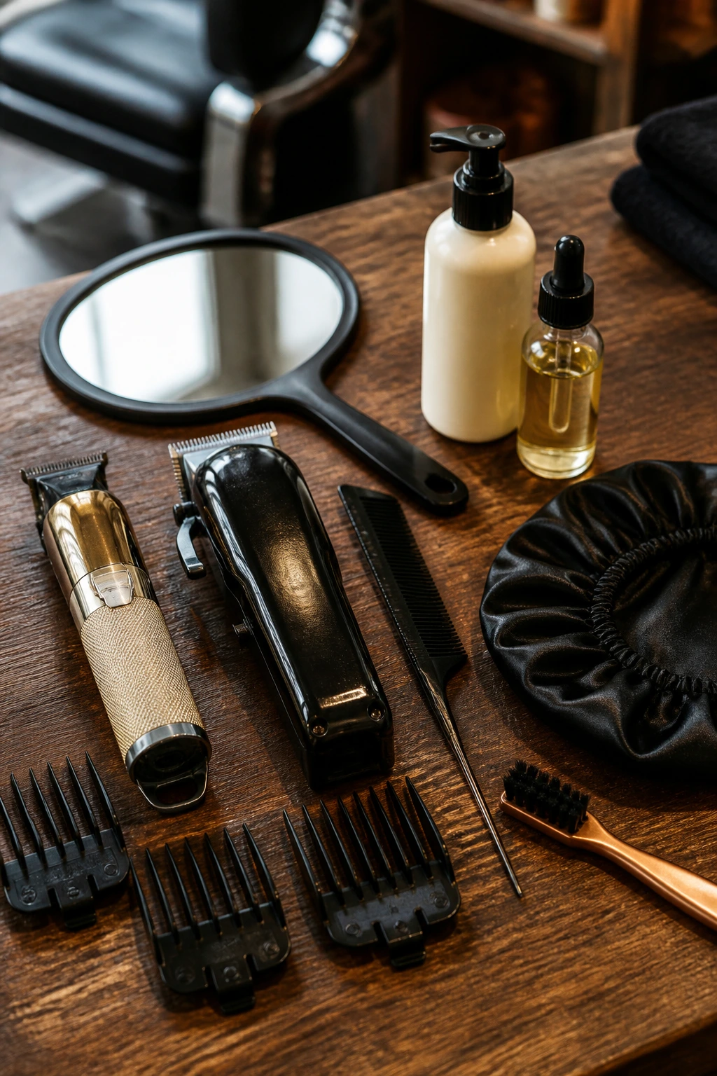 Close-up of shaving tools for crisp lines, including trimmer, guards, mirror, rat-tail comb, leave-in, scalp oil, satin bonnet, and edge brush.