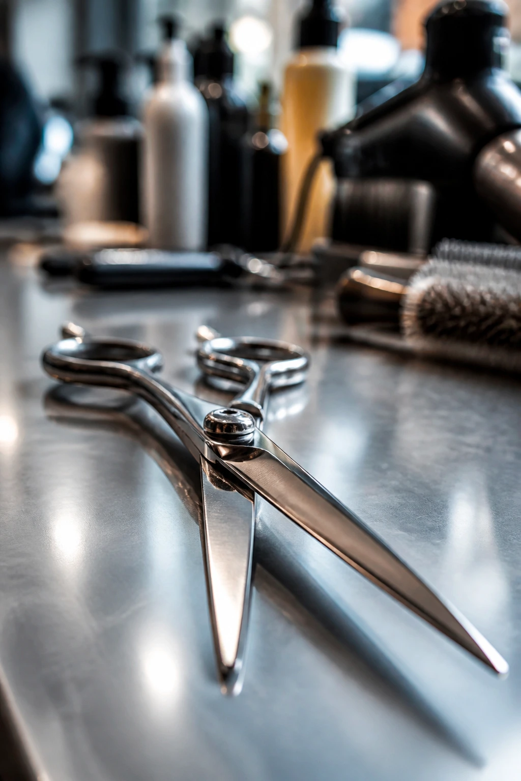 Close-up of professional hair cutting shear with blurred salon tools in background