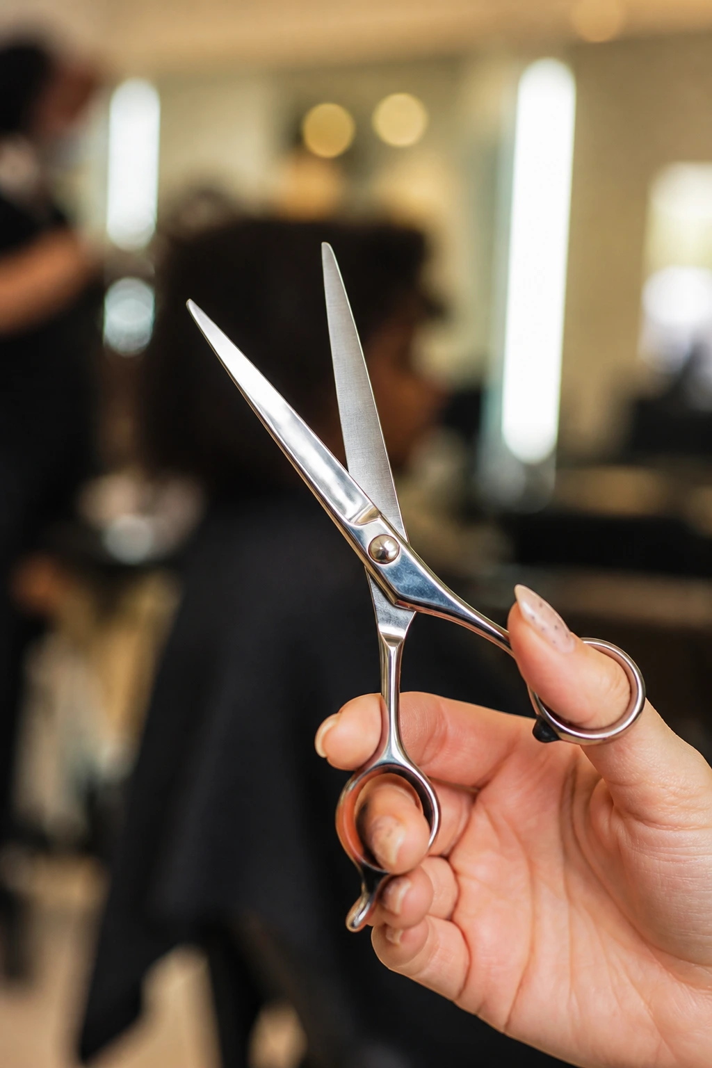 Macro close-up of professional haircutting shear held in hand in a salon setting.