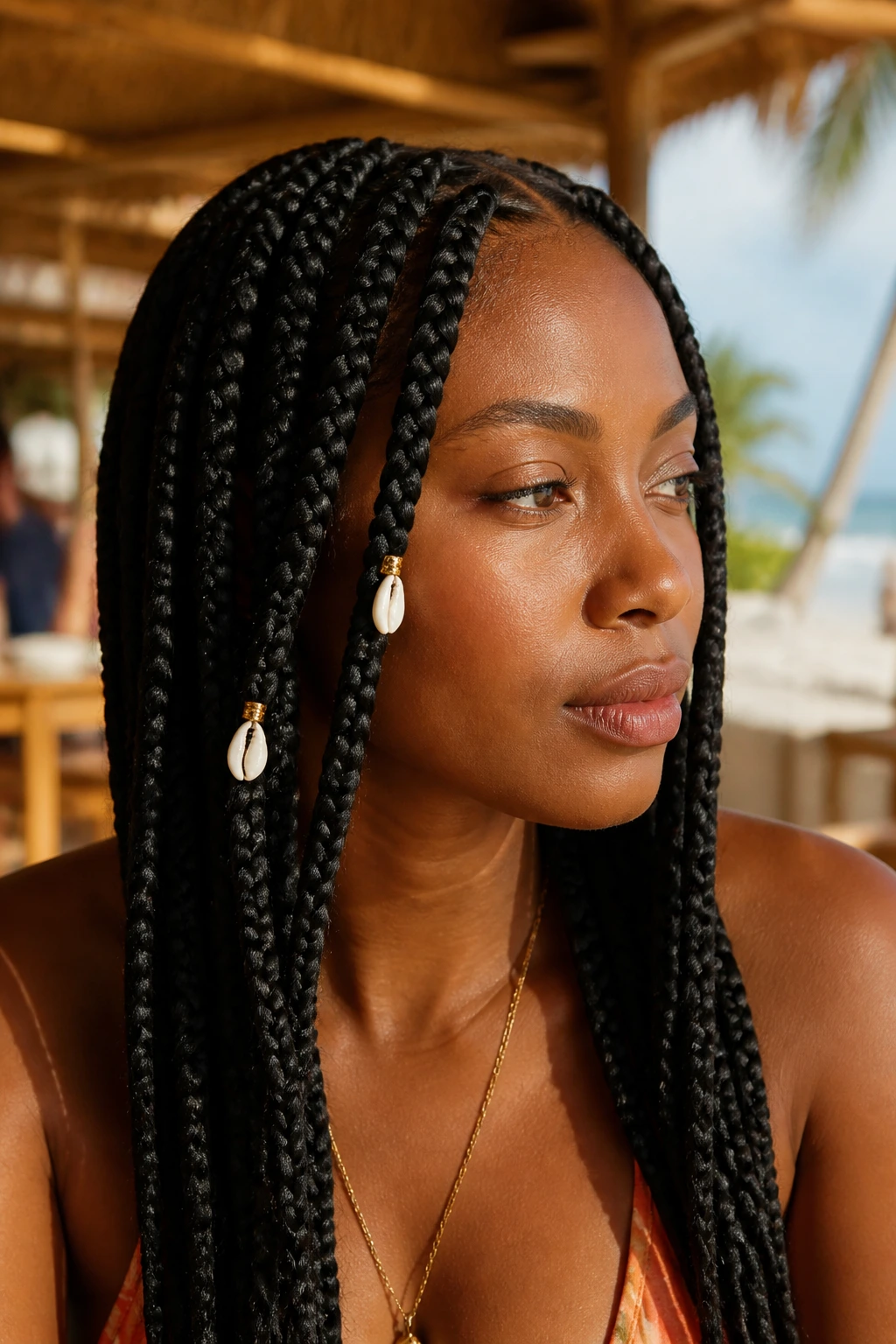 Real woman wearing shell-accent jumbo box braids close-up