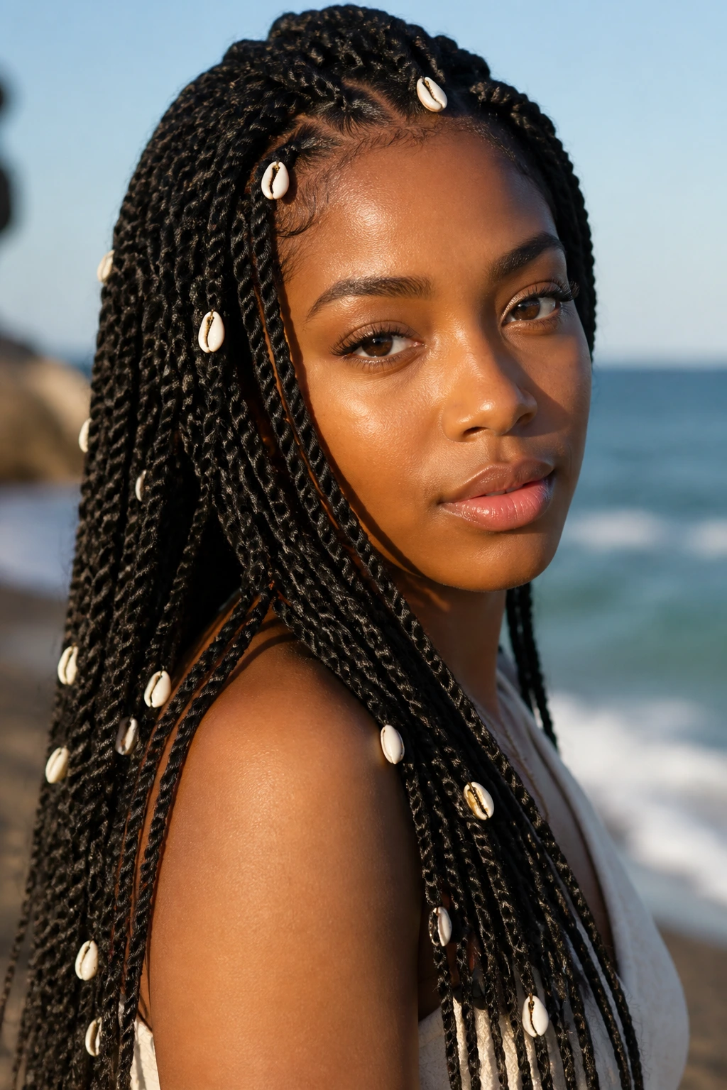 Close-up of a woman with shell accented Senegalese twists